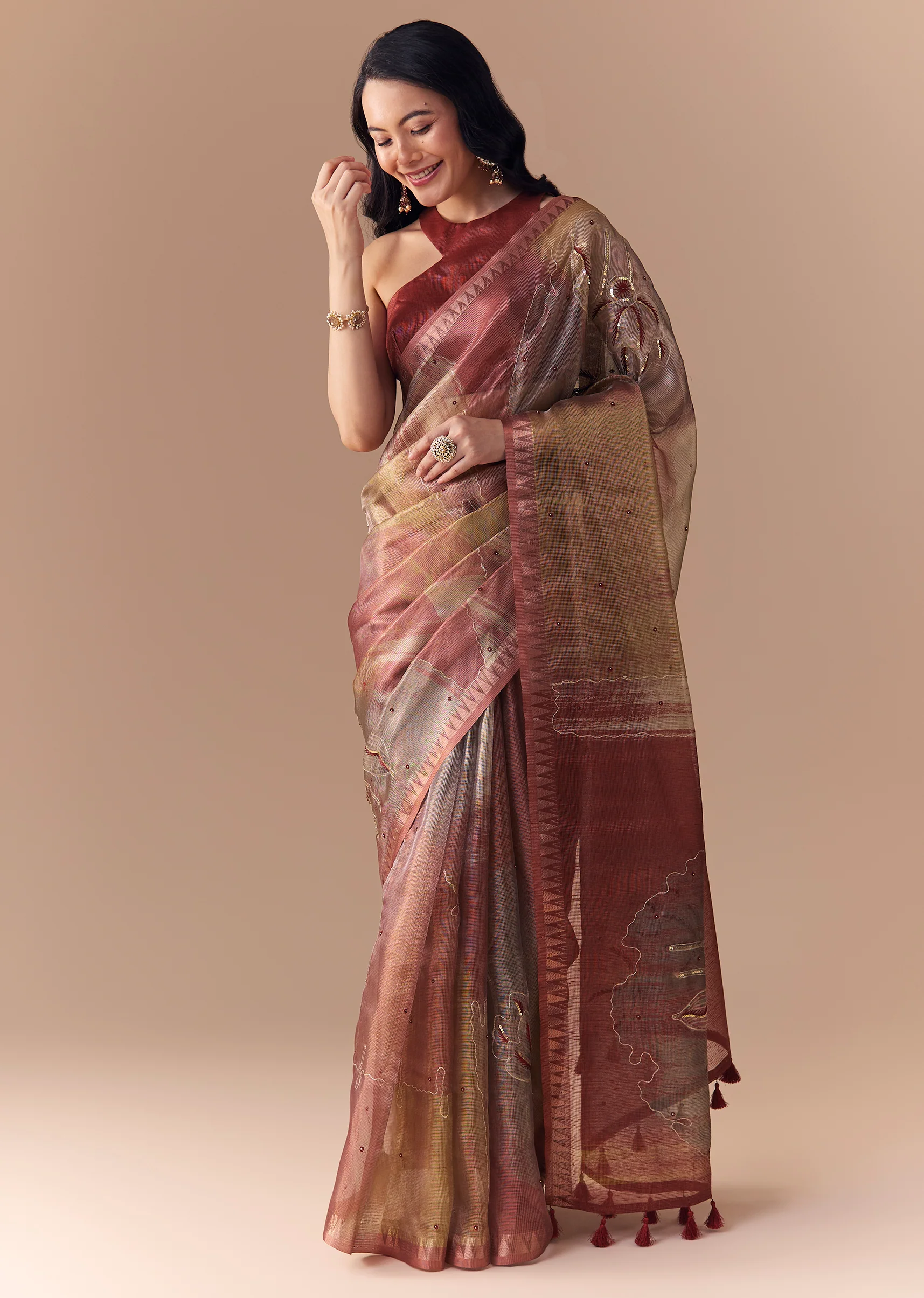 Maroon Shaded Organza Silk Saree with Unstitched Blouse - Image 3