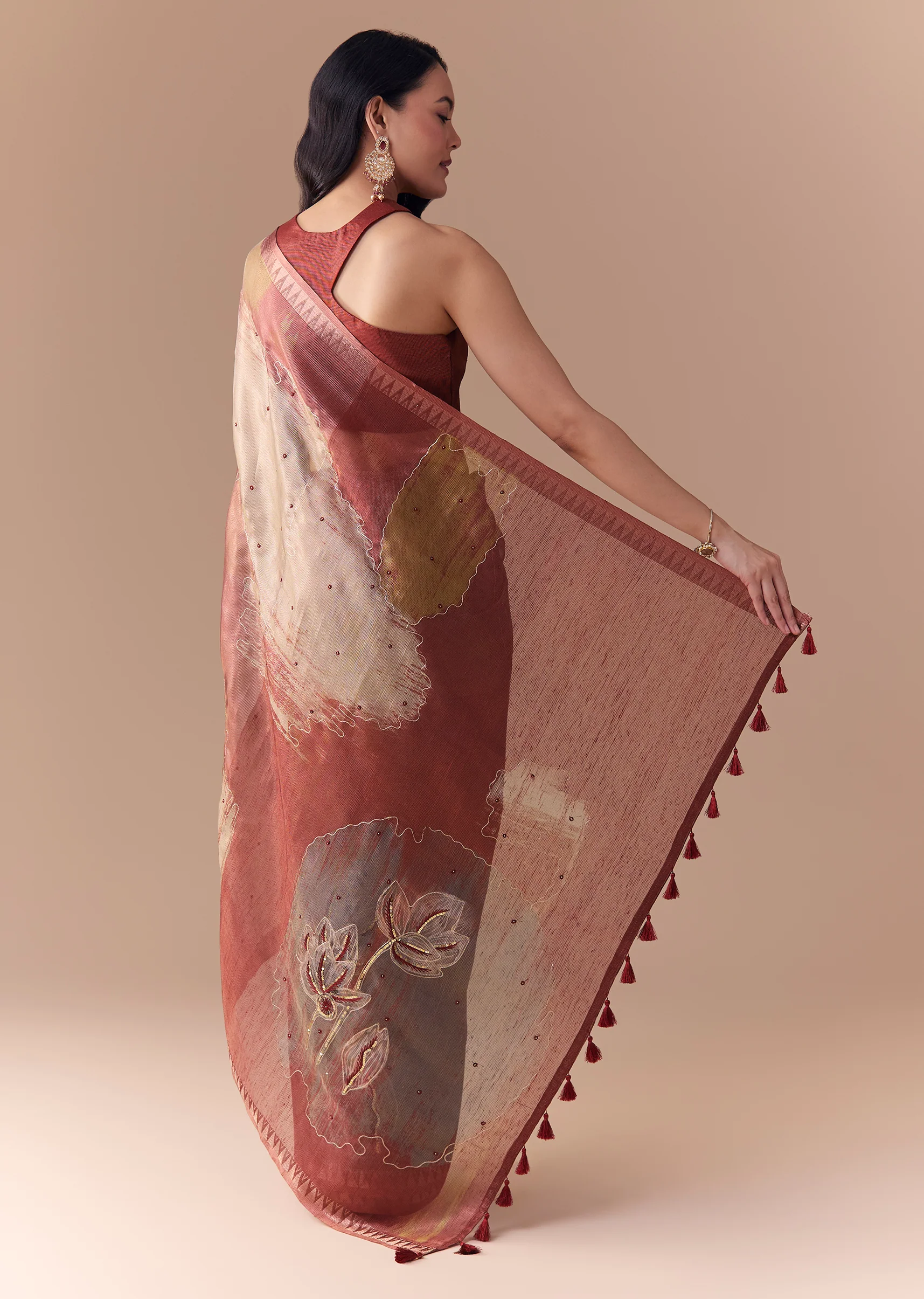Maroon Shaded Organza Silk Saree with Unstitched Blouse - Image 5
