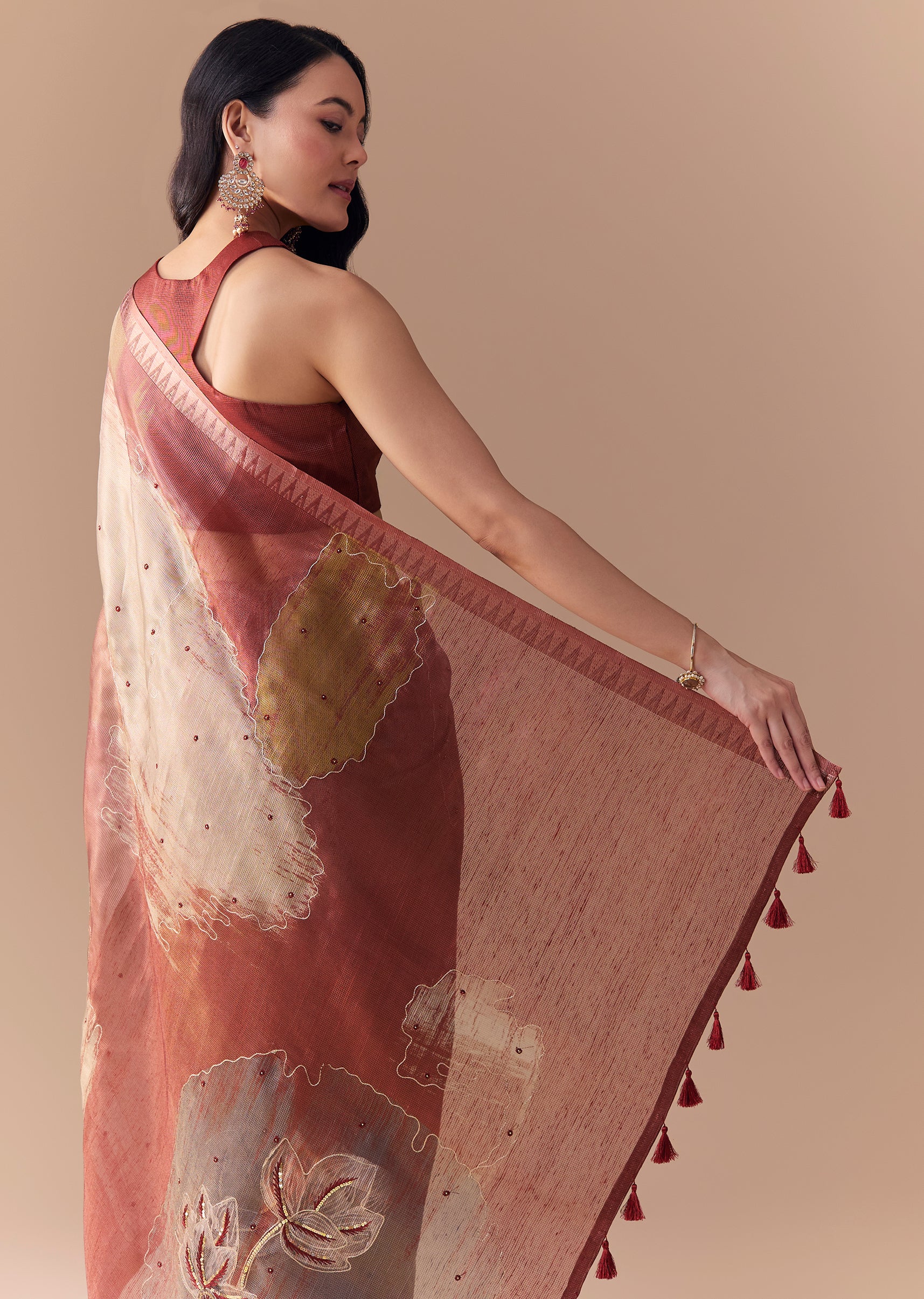 Maroon Shaded Organza Silk Saree with Unstitched Blouse - Image 6