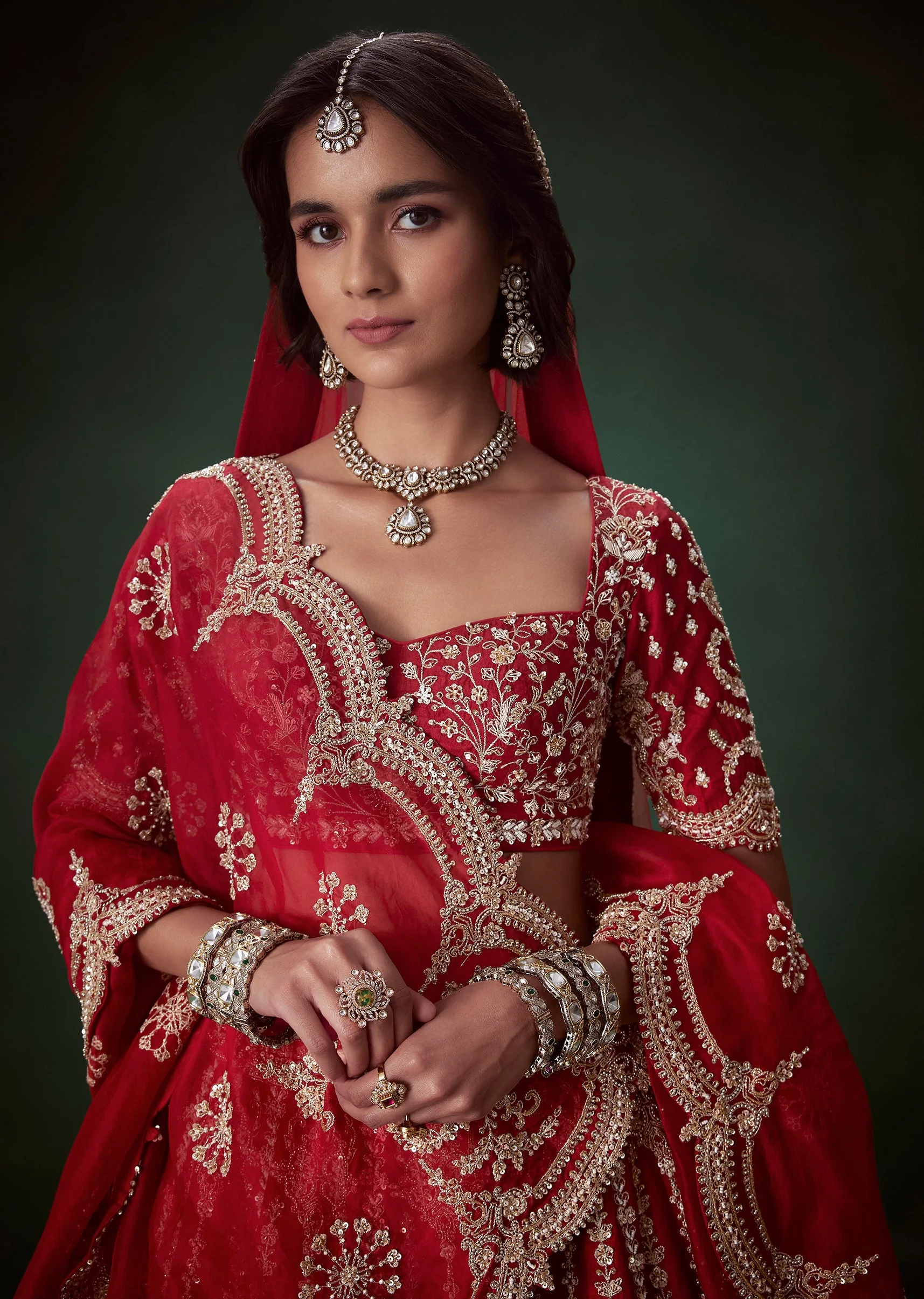 Maroon Silk Bridal Lehenga Set with Two Duapattas - Image 3