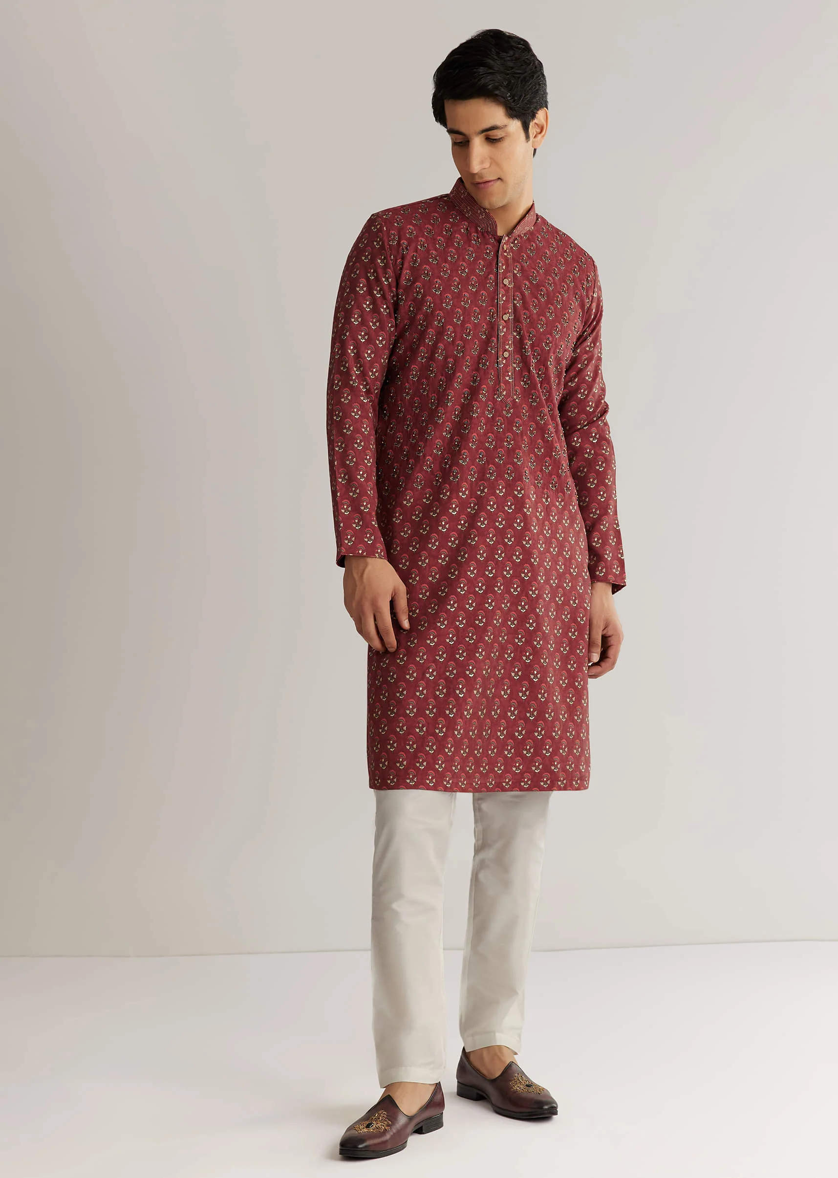 Maroon Silk Cutdana Floral Kurta Set - Image 4