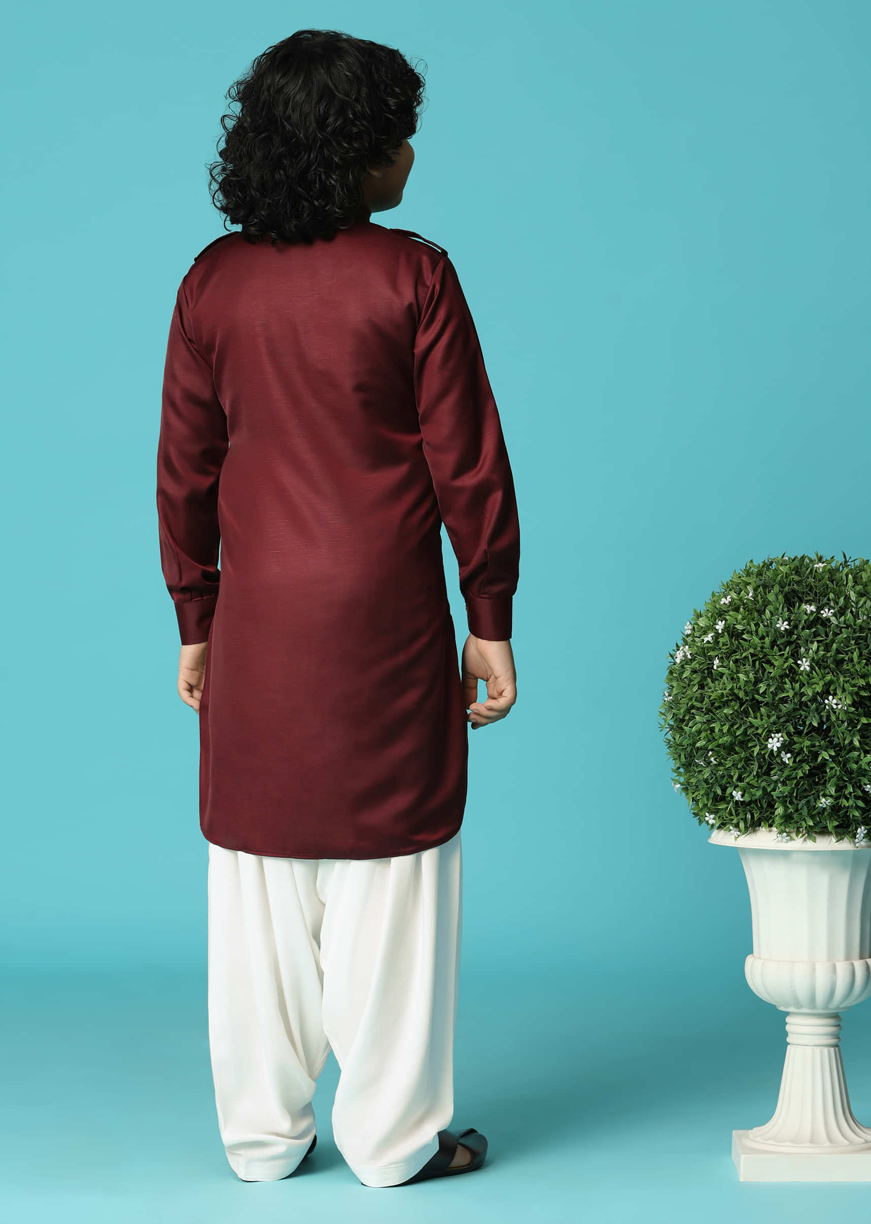 Maroon Silk Kurta Salwar With Pintuck Detailing For Boys - Image 5
