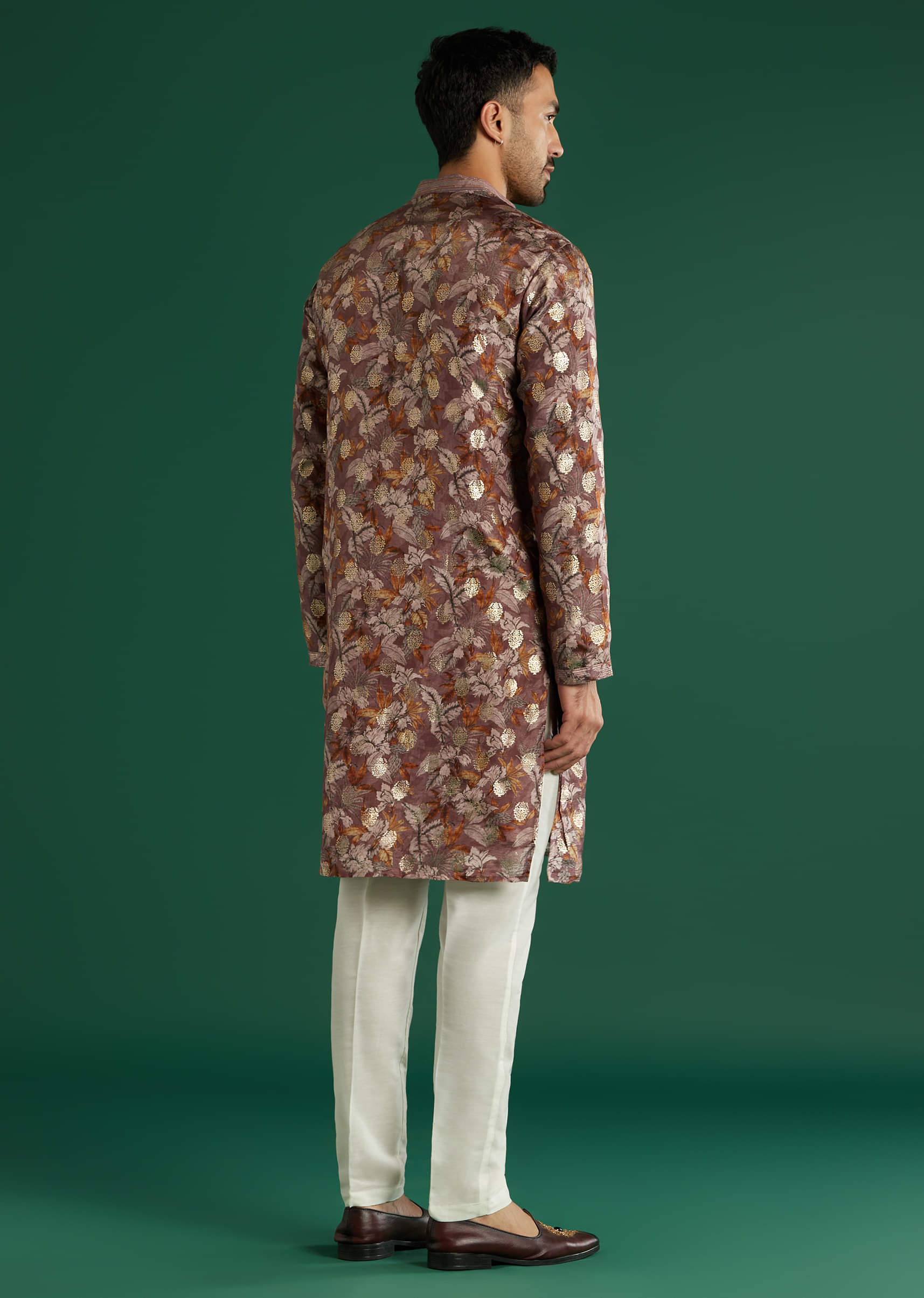Maroon Silk Kurta Set For Men With Floral Motif Print - Image 3