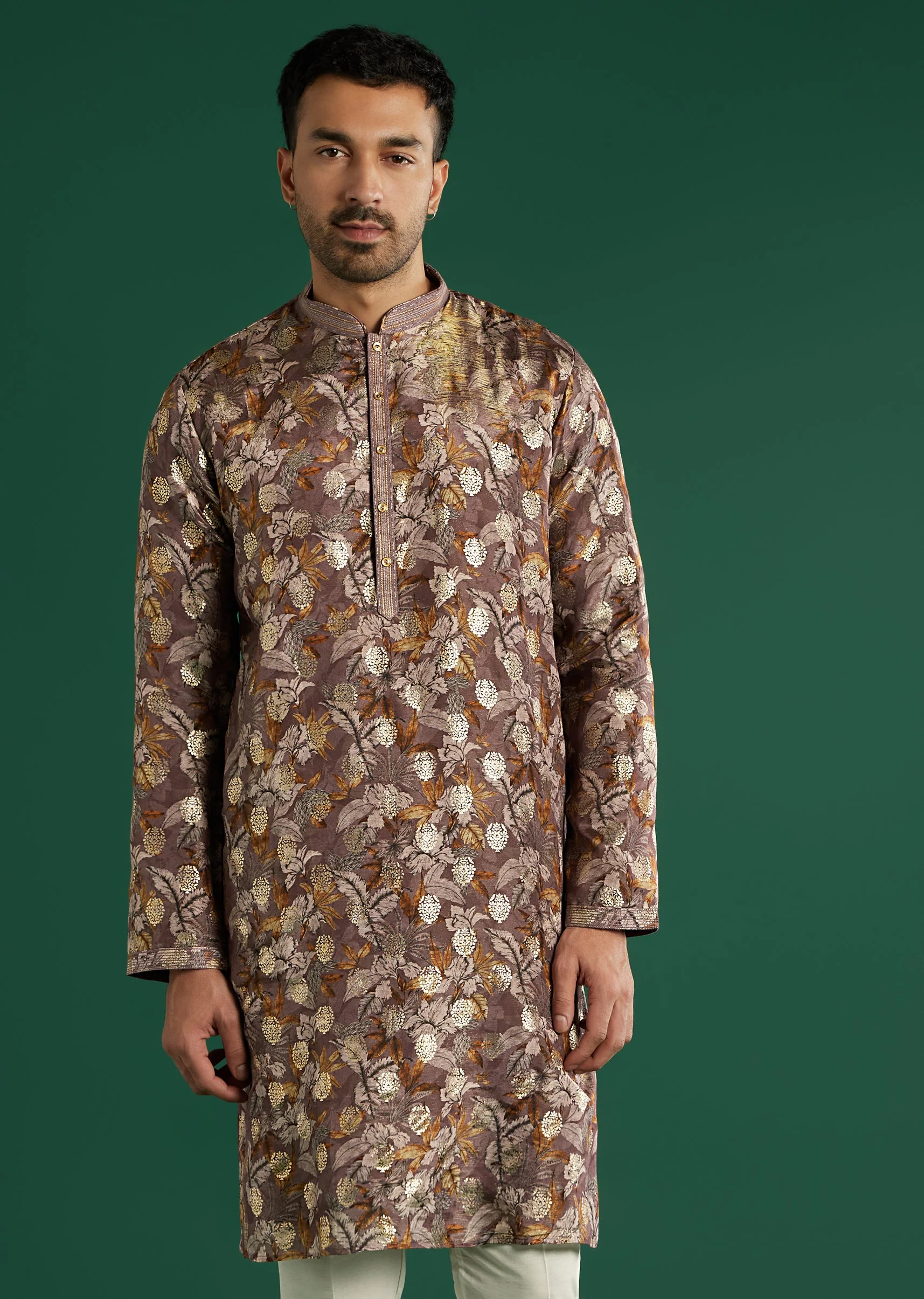 Maroon Silk Kurta Set For Men With Floral Motif Print - Image 4