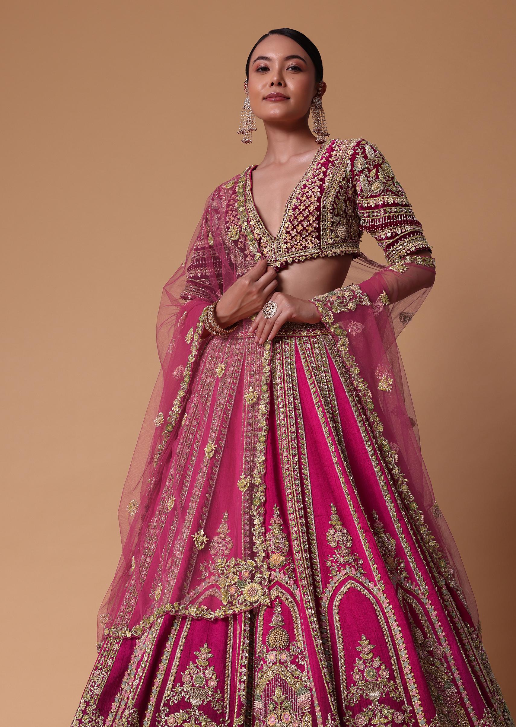 Maroon Silk Velvet 16 Kali Lehenga And Zardosi Blouse Set - Image 7