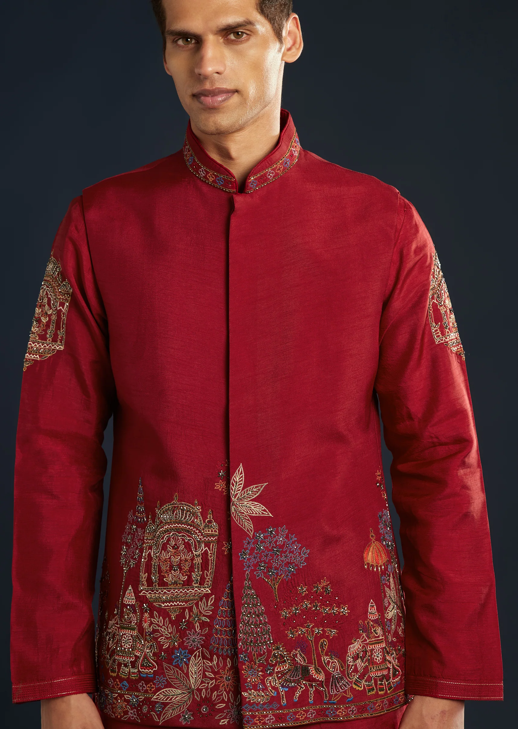 Maroon Statement Duo – Lehenga For Her And Jacket Kurta Set For Him - Image 10