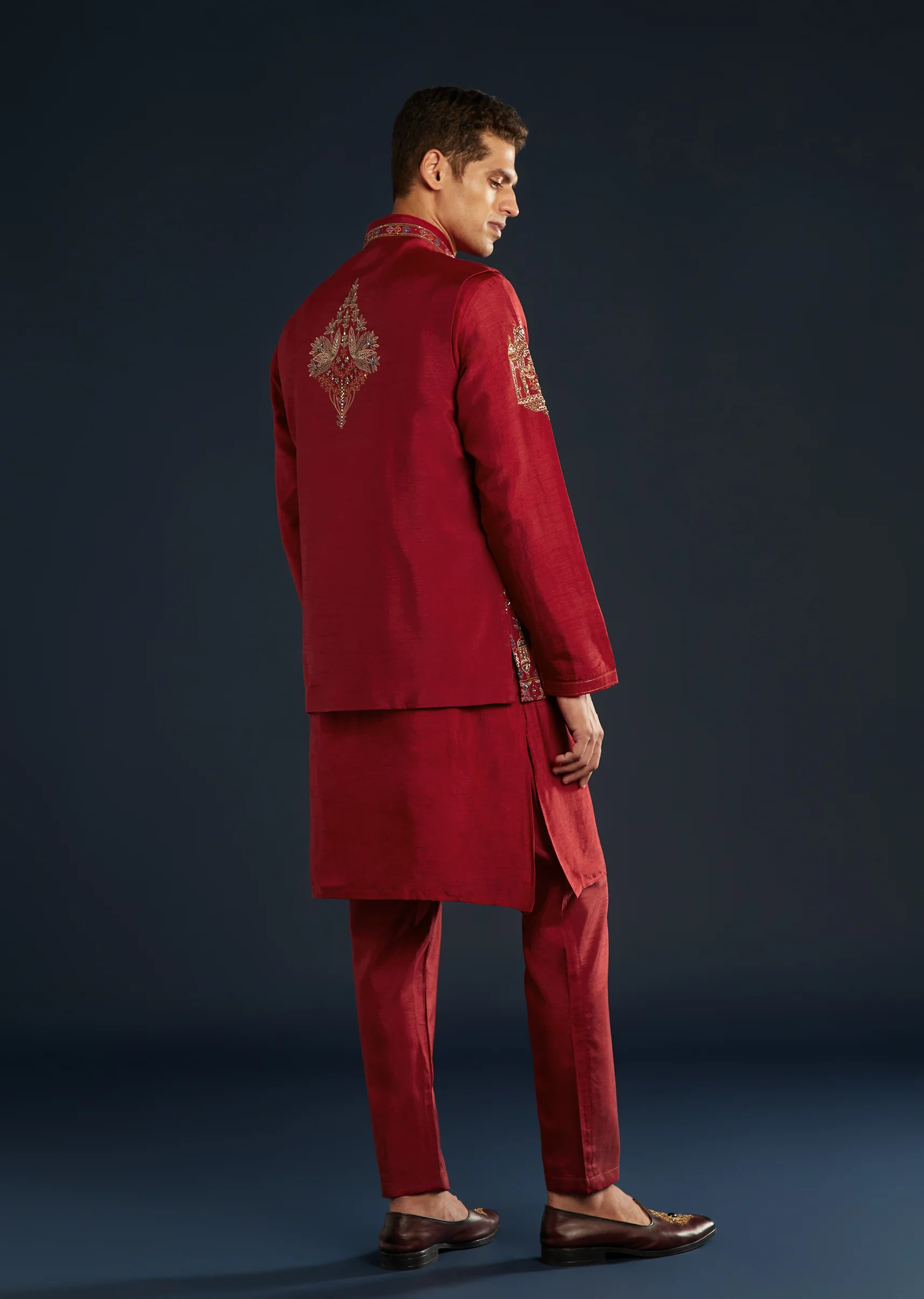 Maroon Statement Duo – Lehenga For Her And Jacket Kurta Set For Him - Image 11