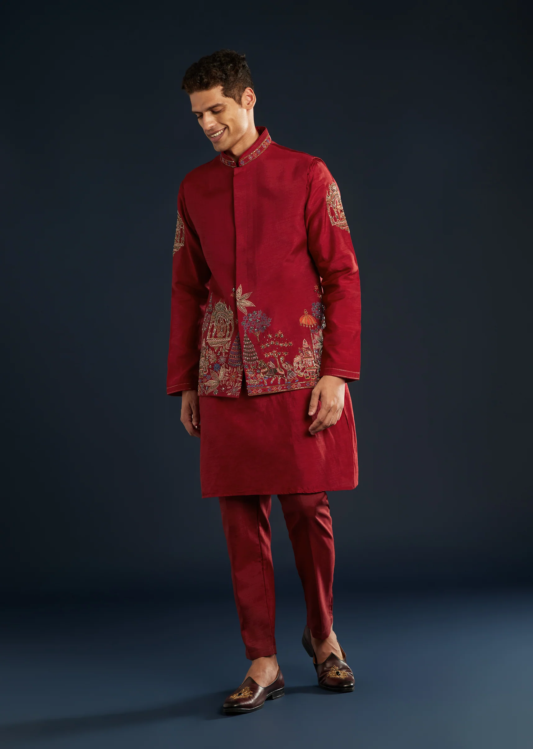 Maroon Statement Duo – Lehenga For Her And Jacket Kurta Set For Him - Image 7