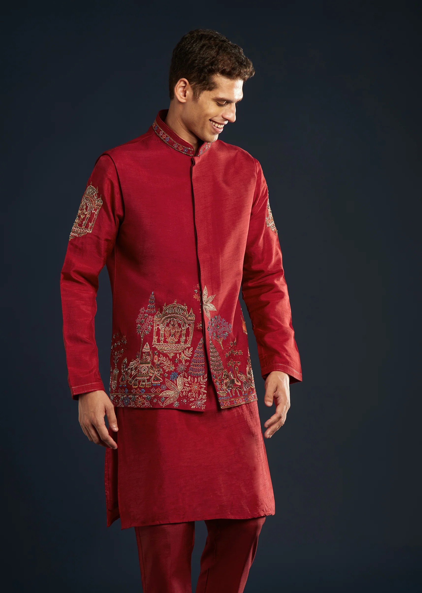 Maroon Statement Duo – Lehenga For Her And Jacket Kurta Set For Him - Image 9