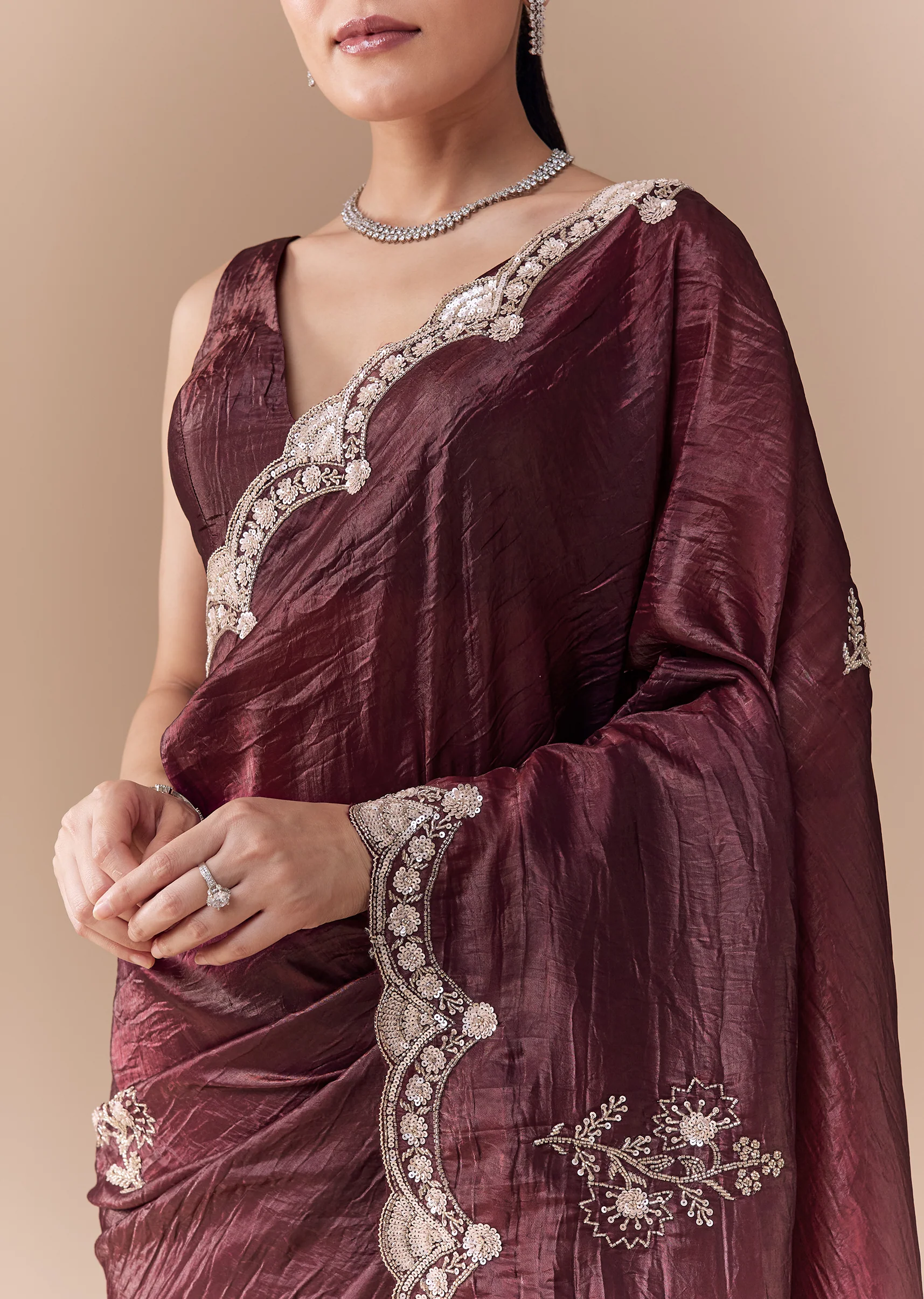 Maroon Tissue Embellished Saree with Blouse Fabric - Image 2