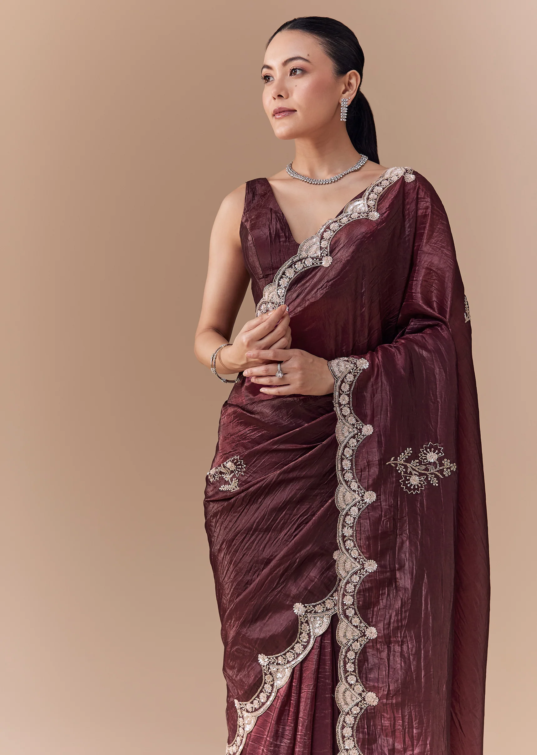 Maroon Tissue Embellished Saree with Blouse Fabric - Image 5