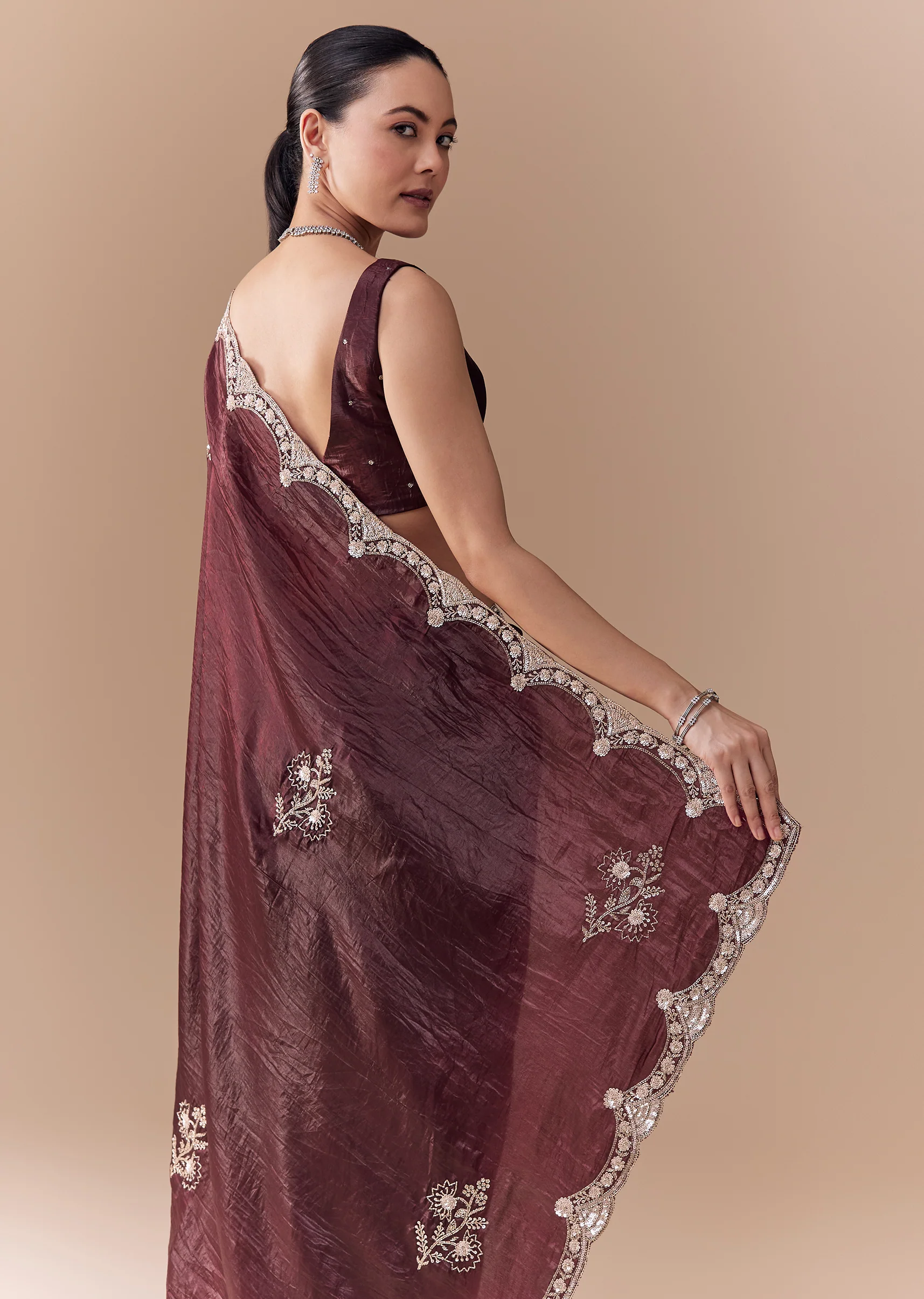 Maroon Tissue Embellished Saree with Blouse Fabric - Image 6