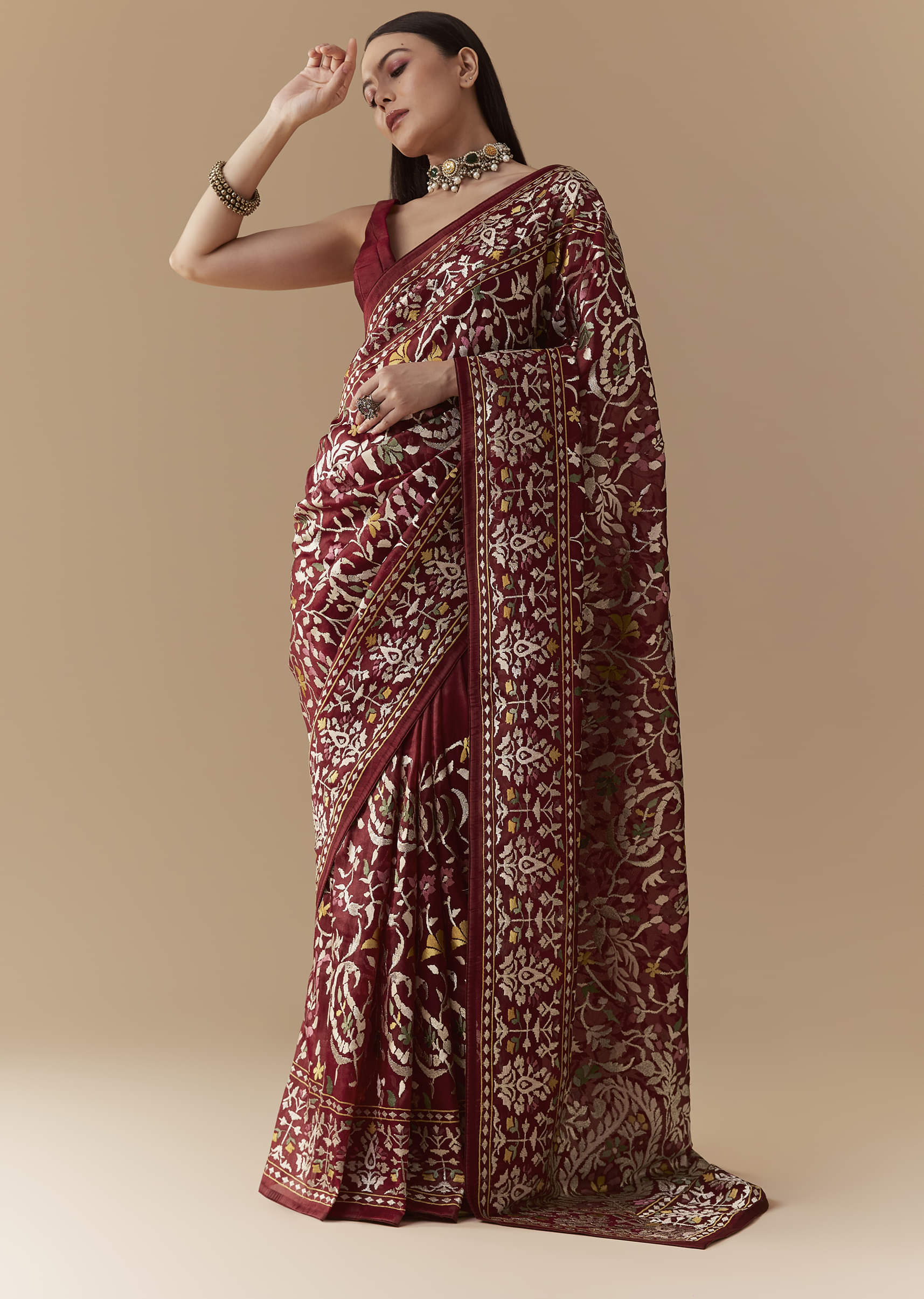 Maroon Tissue Organza Resham Work Saree with Unstitched Blouse - Image 3