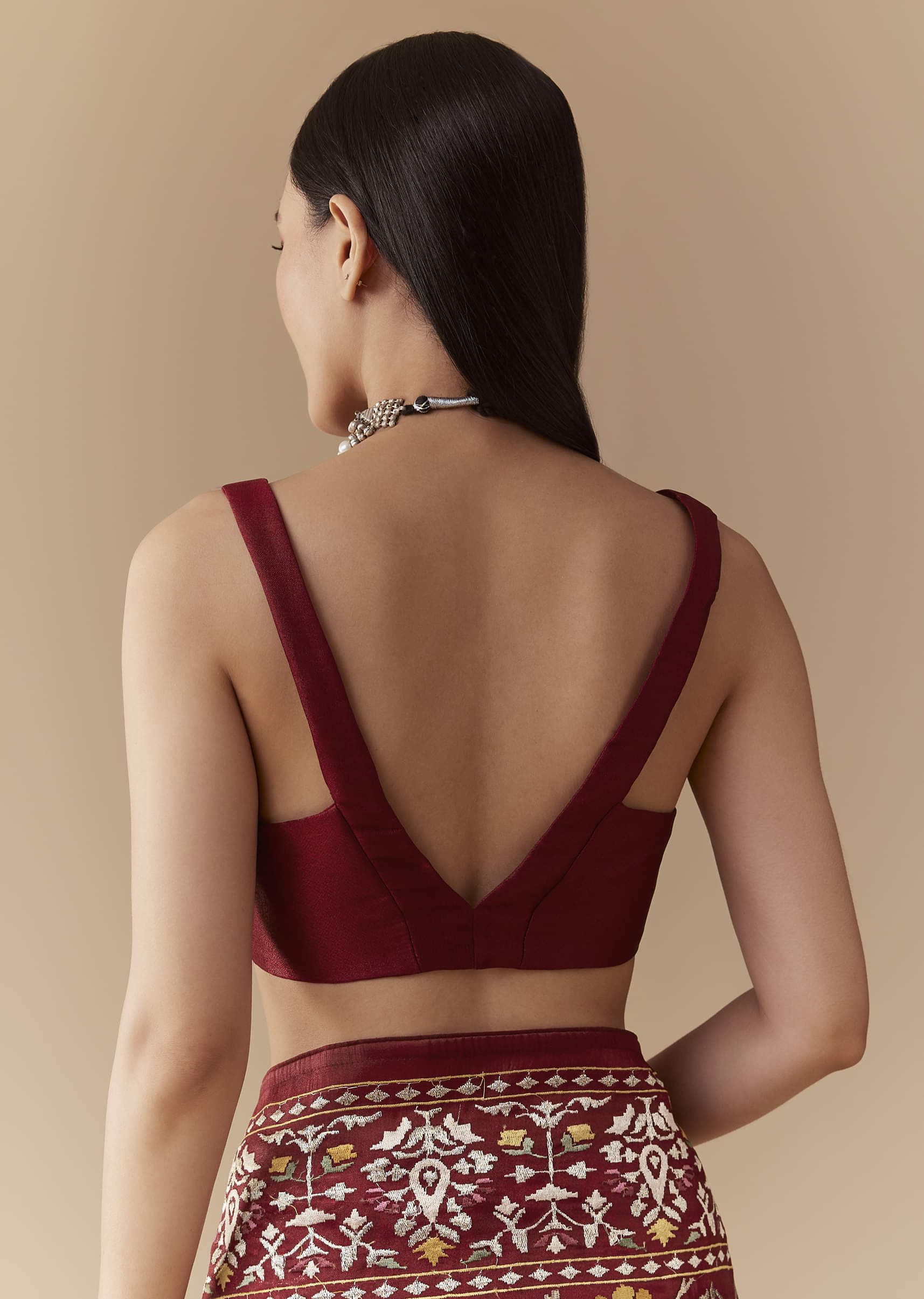Maroon Tissue Organza Resham Work Saree with Unstitched Blouse - Image 8