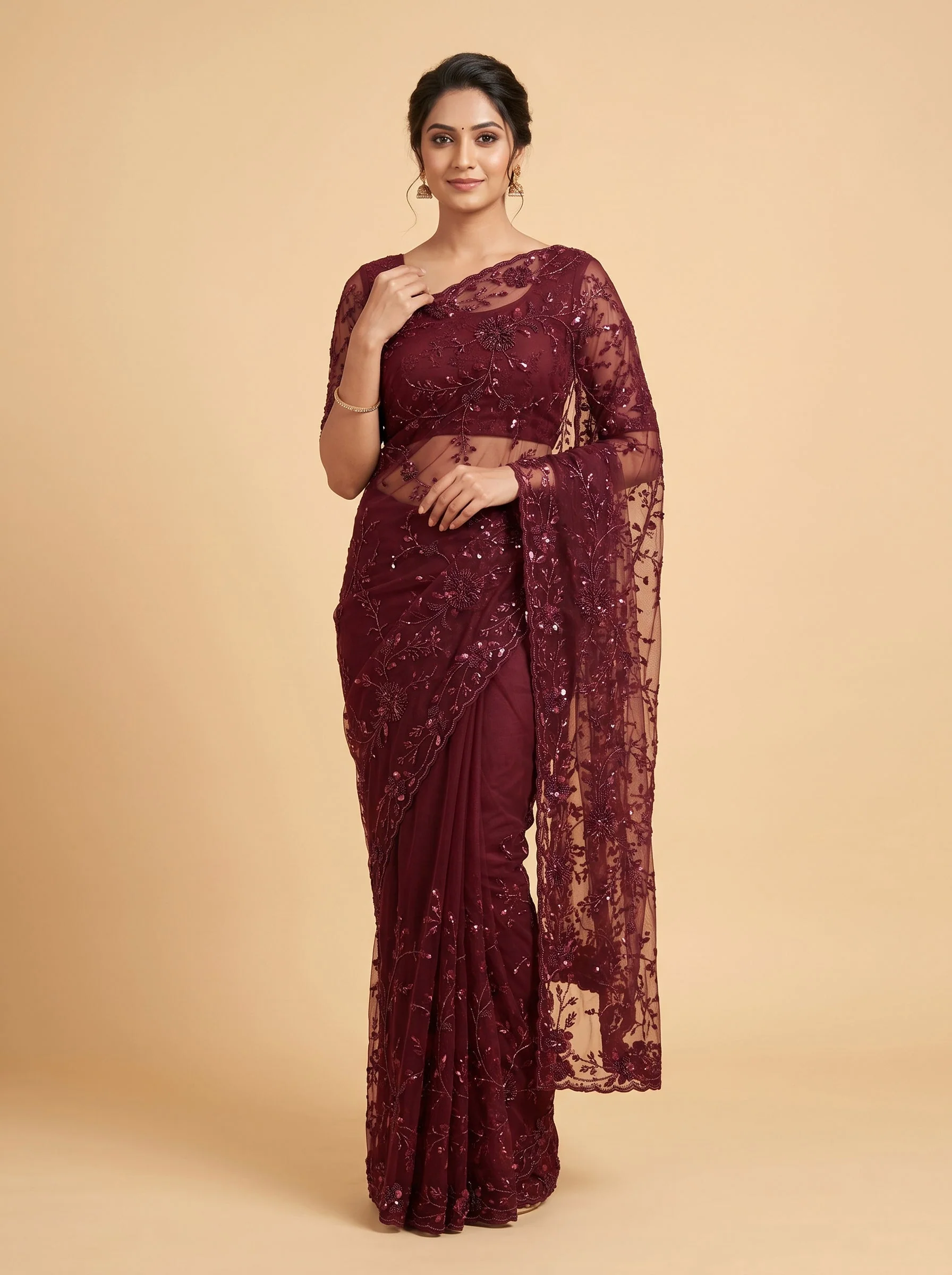 Maroon Velvet Ember Embroidered Saree