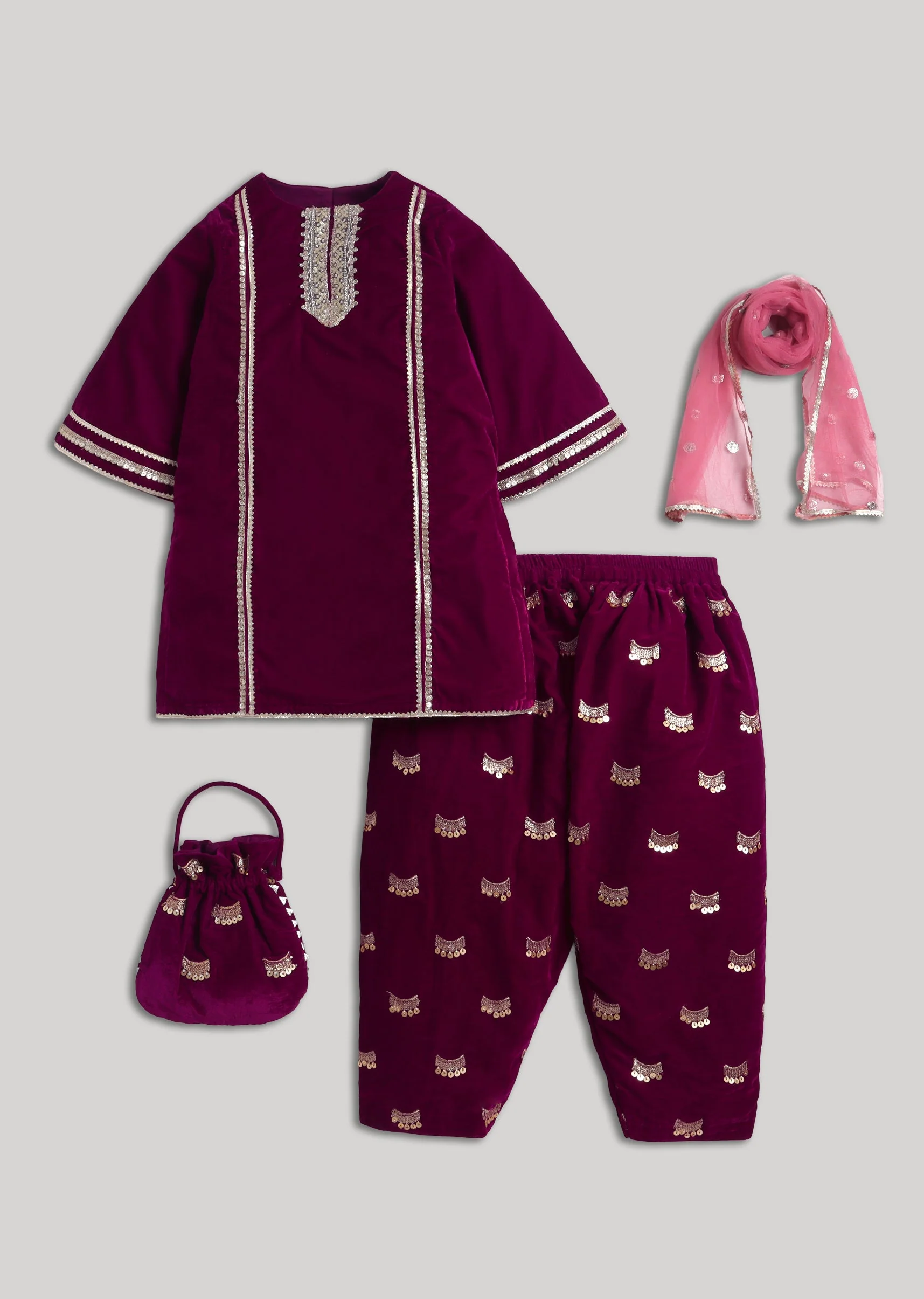 Maroon Velvet Kurta Set