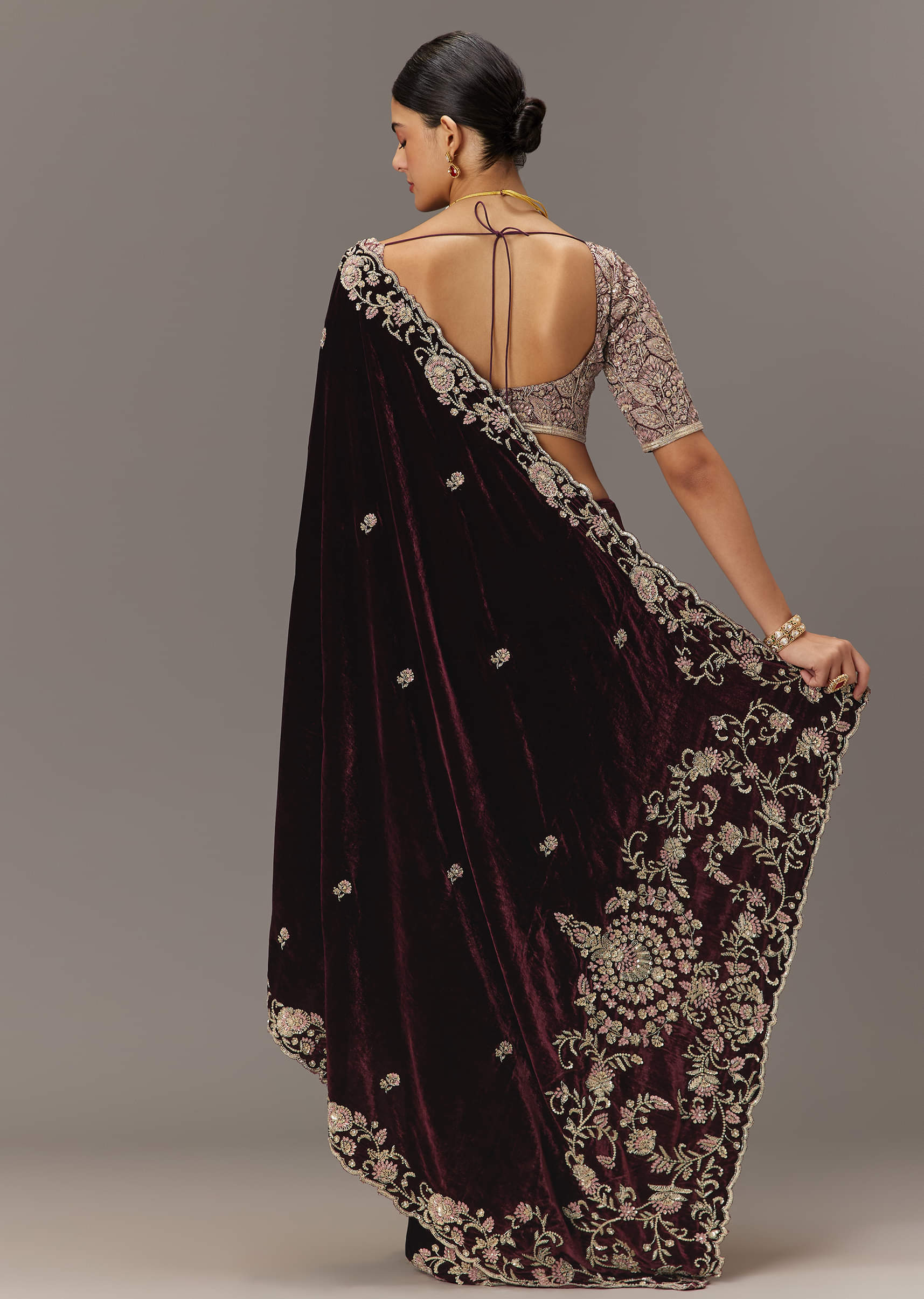 Maroon Velvet Saree With Brocade Embroidered Blouse - Image 4