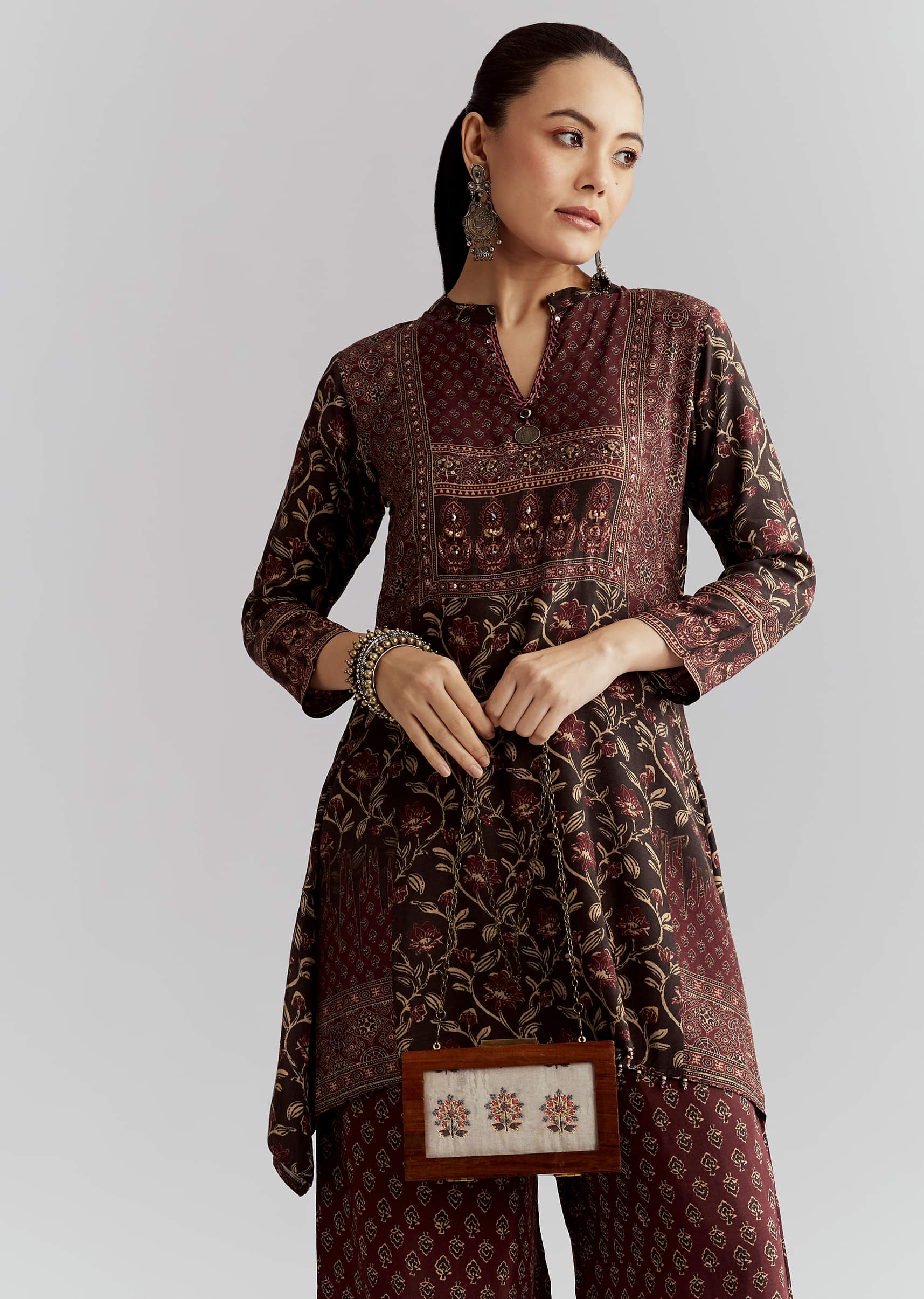 Maroon Viscose Co Ord Set With Floral Print - Image 4