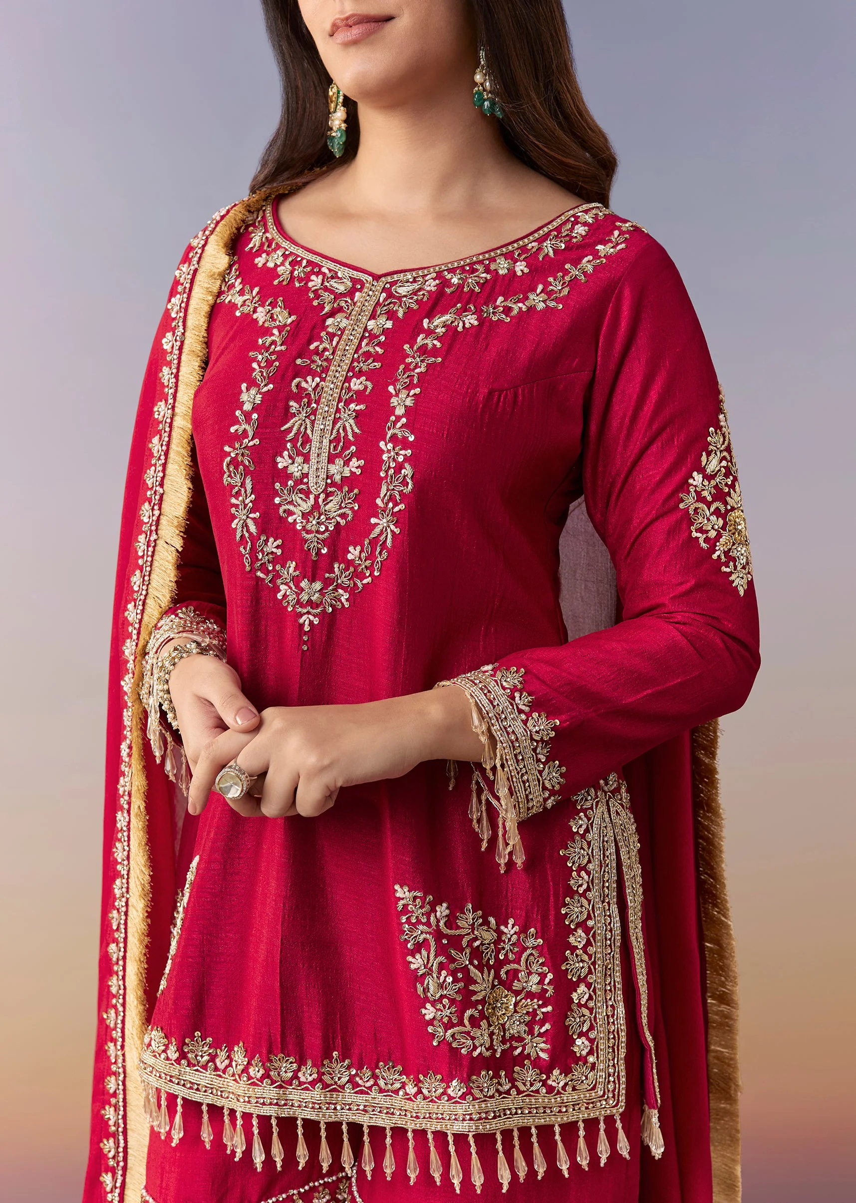Maroon Zardosi Sharara Suit Set With Dupatta - Image 2