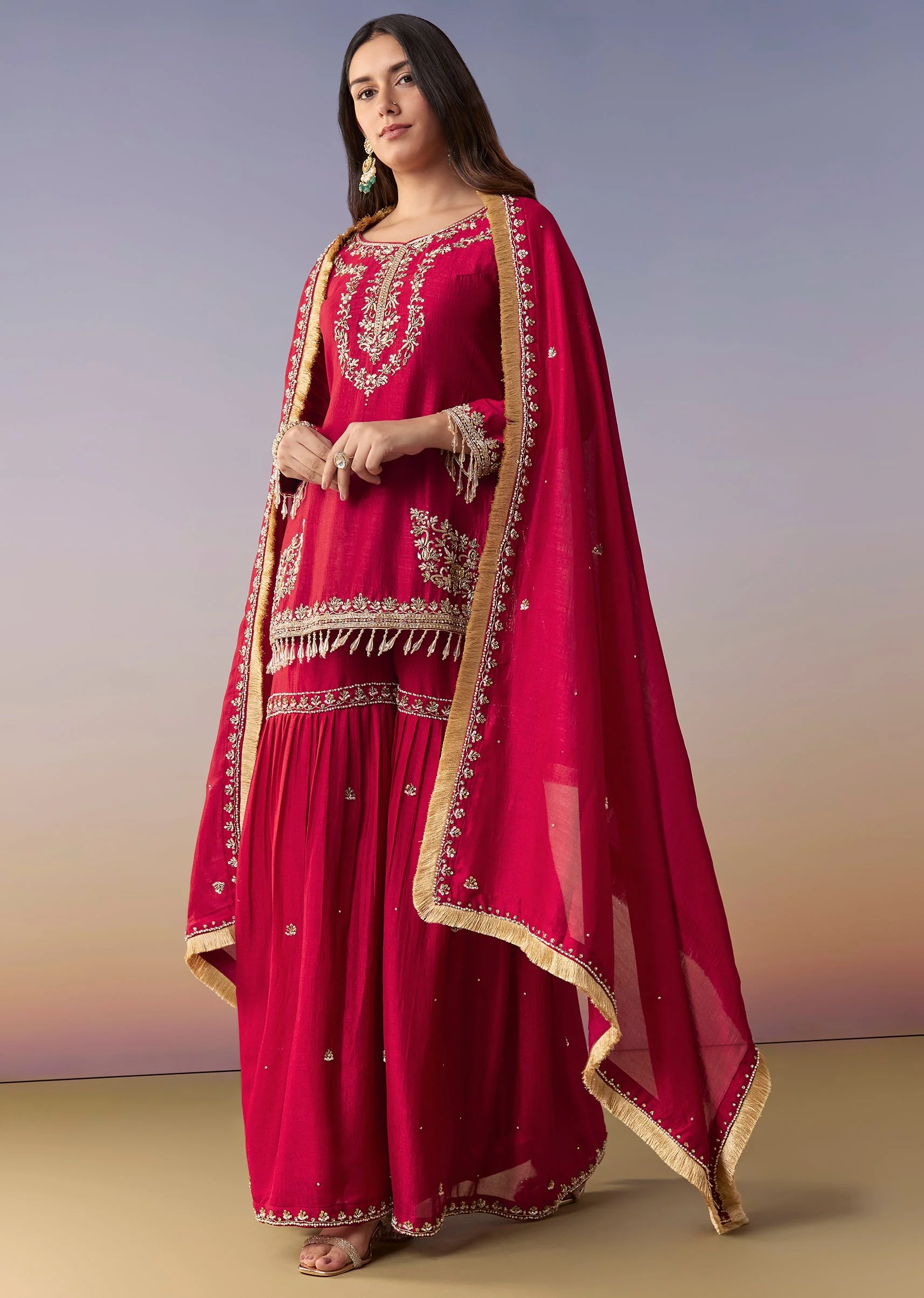 Maroon Zardosi Sharara Suit Set With Dupatta - Image 3