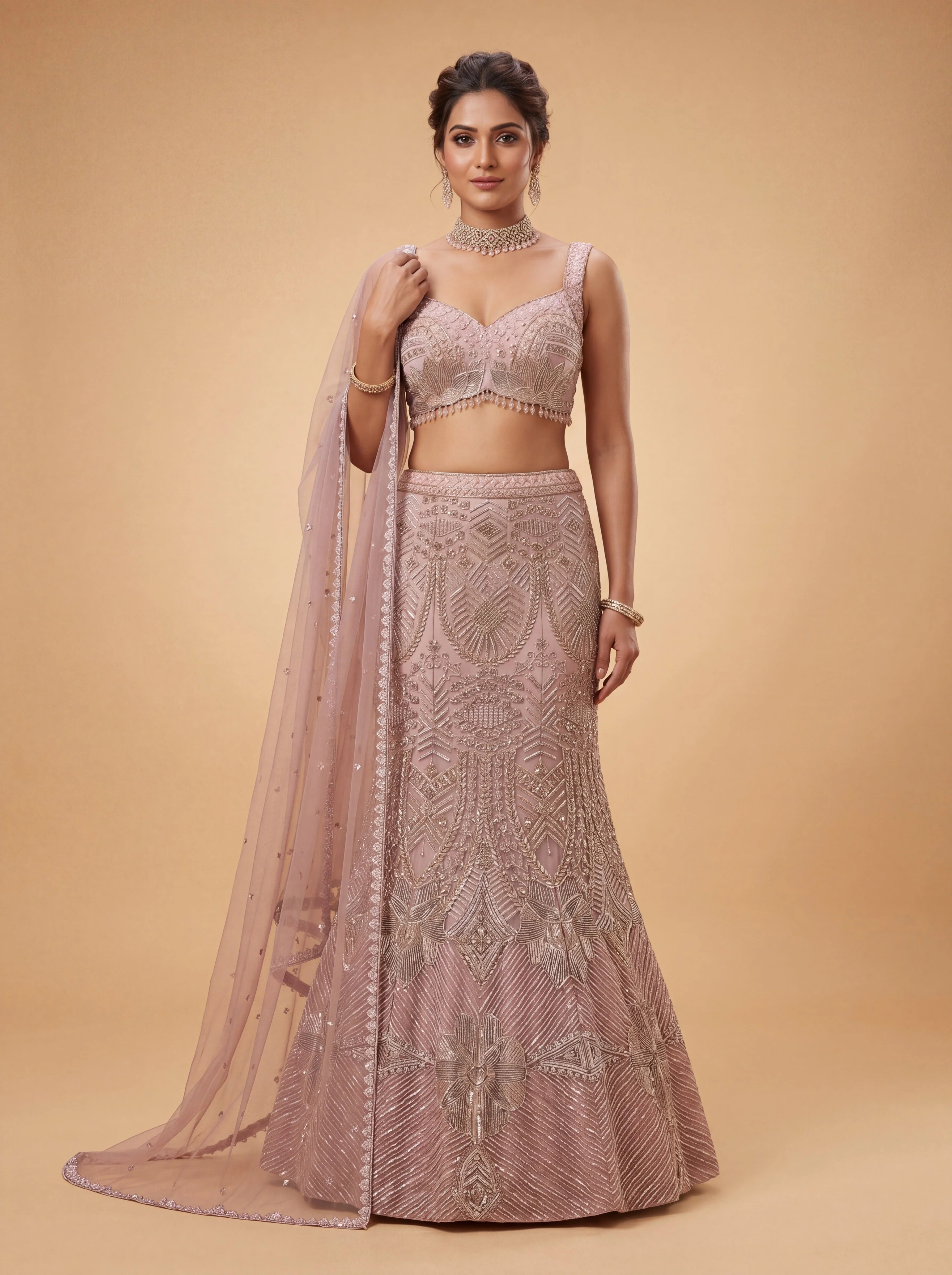 Mauve Contemporary Bridal Lehenga With Delicate Embellishment