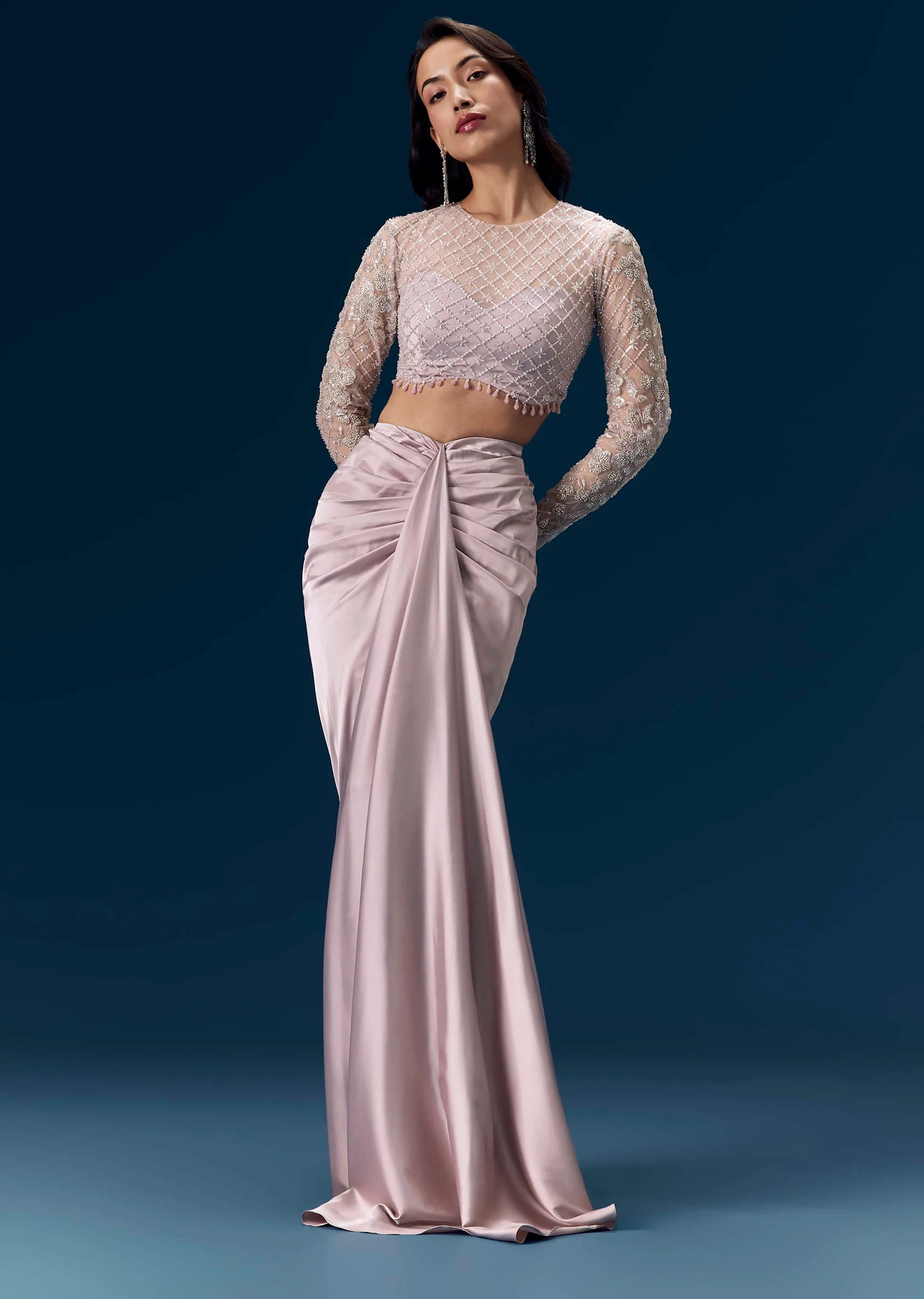 Mauve Crop Top and Draped Skirt Set