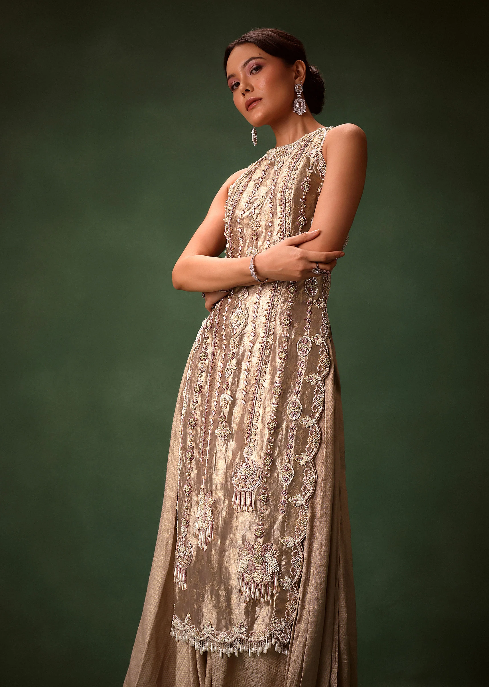 Mauve Dhoti Drape Skirt Brocade Embroidered Kurta With Side Tie Ups - Image 2