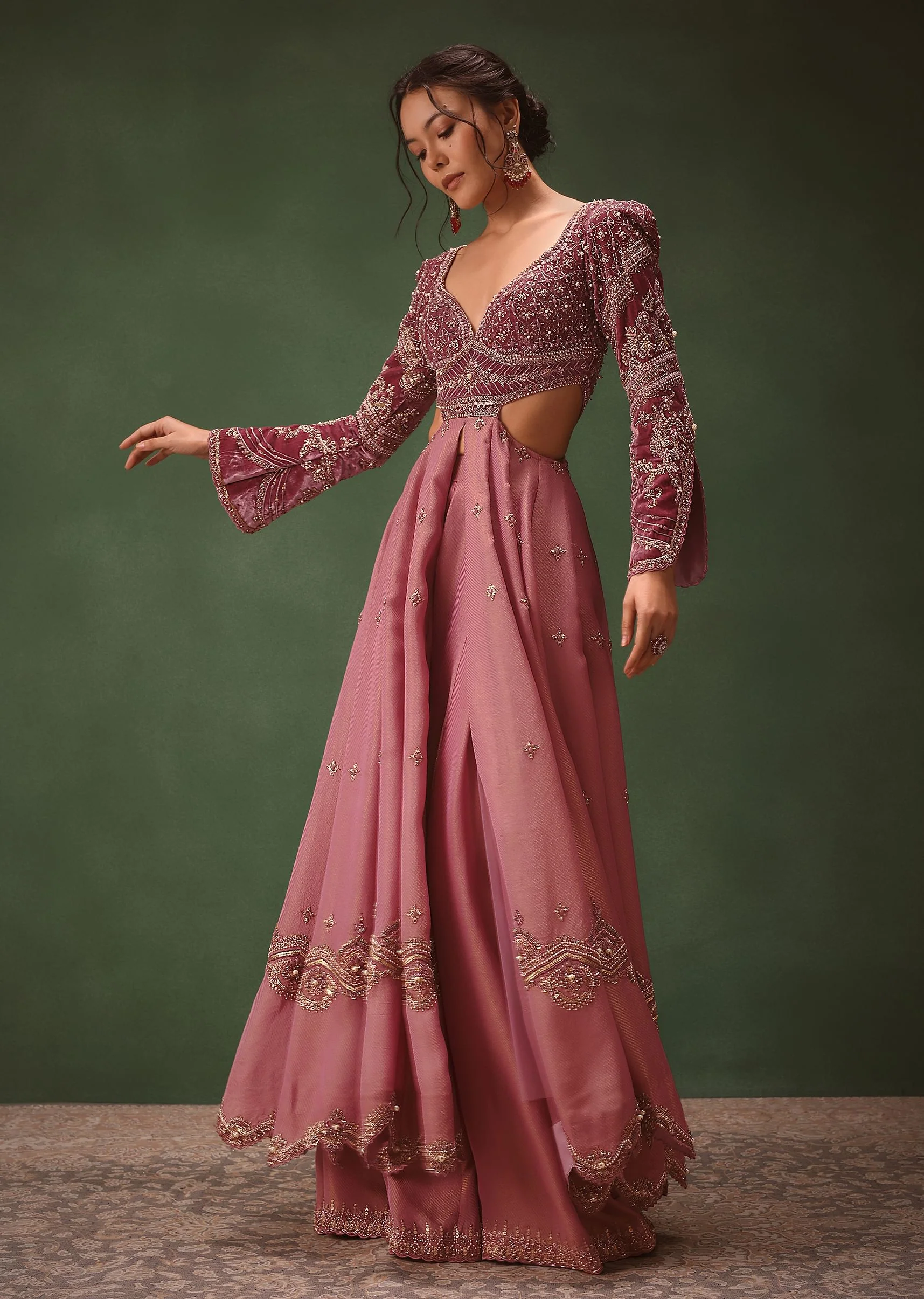 Mauve Embroidered Anarkali Suit With Flared Palazzo Pant - Image 2