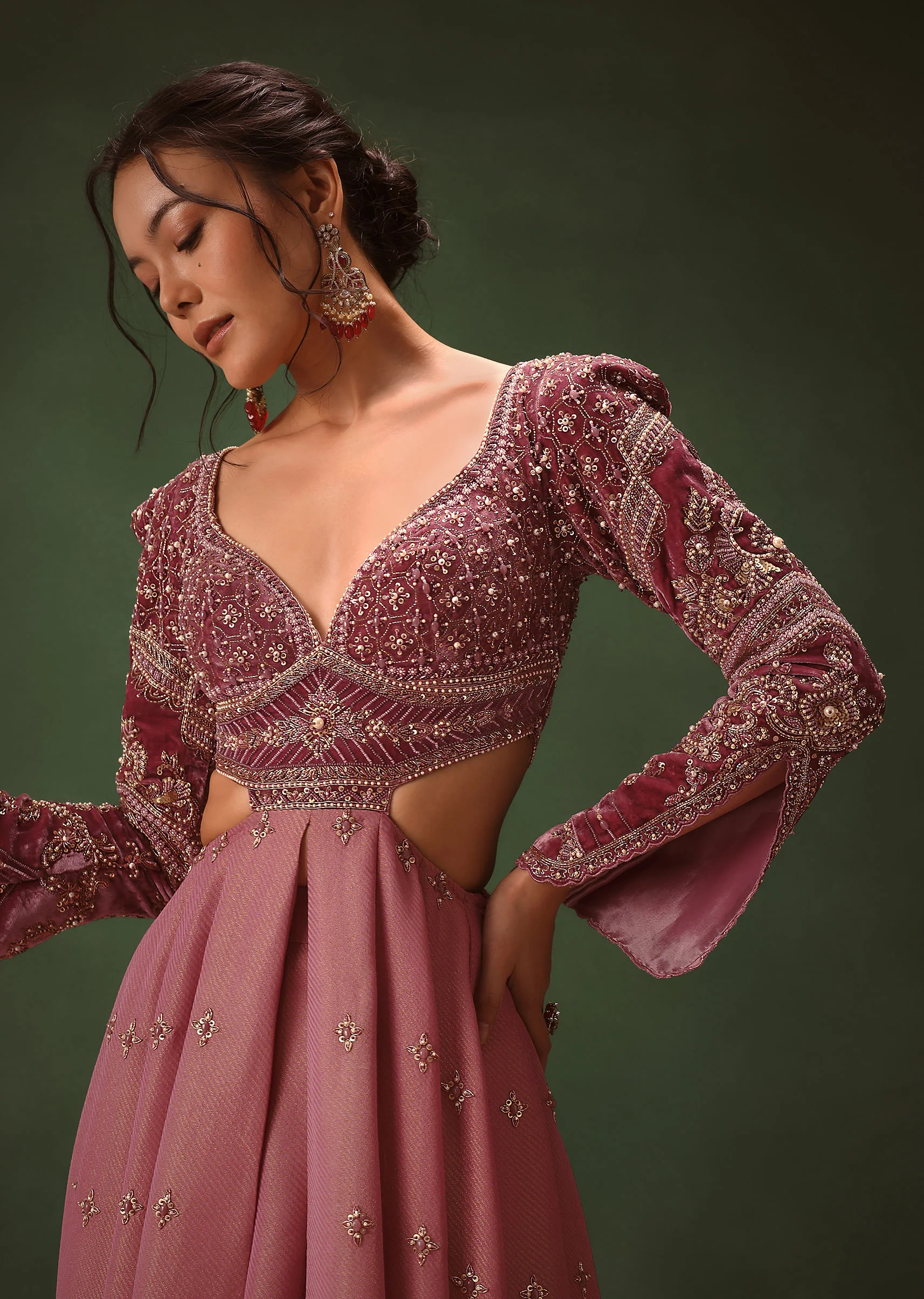 Mauve Embroidered Anarkali Suit With Flared Palazzo Pant - Image 3