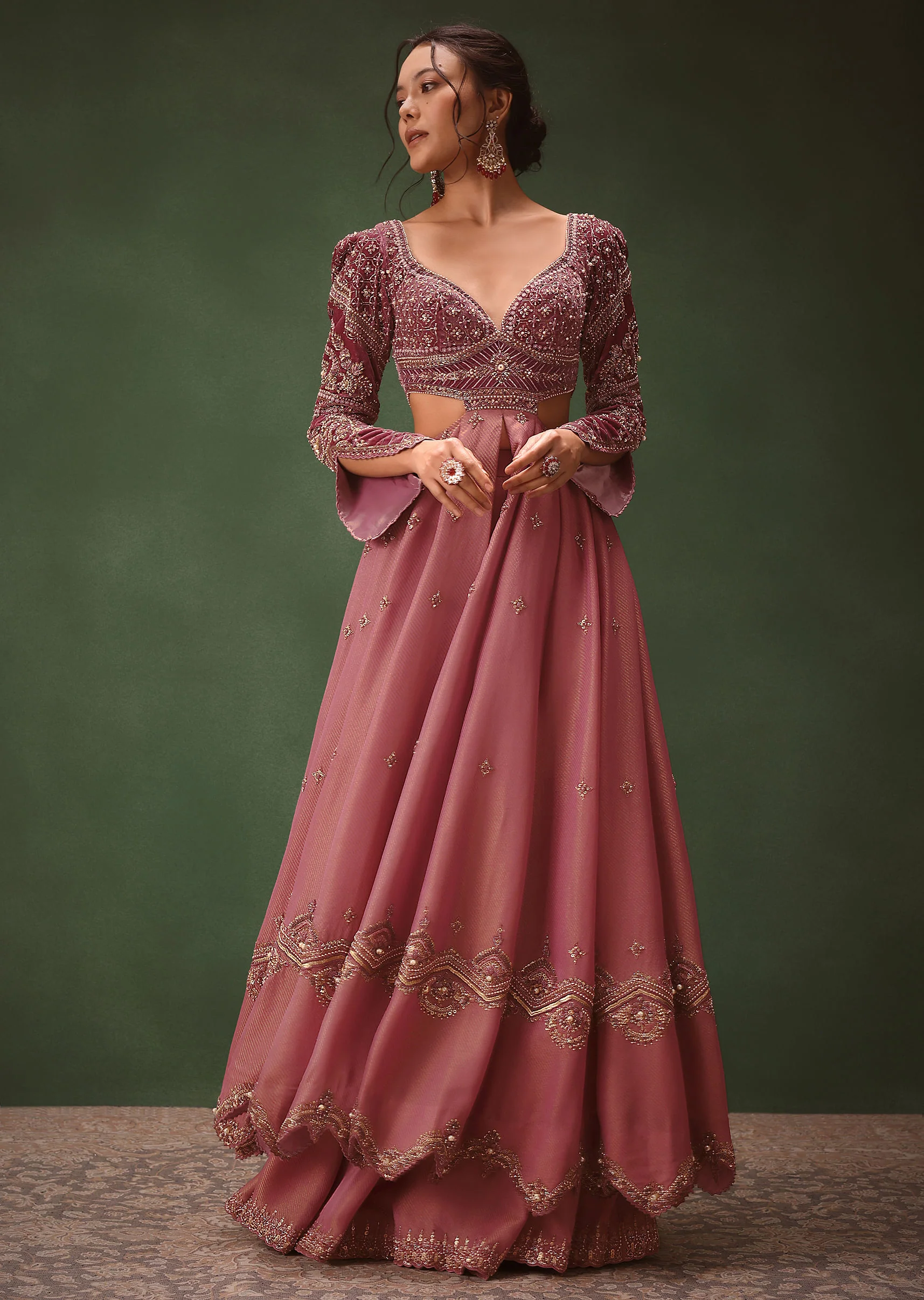 Mauve Embroidered Anarkali Suit With Flared Palazzo Pant - Image 4