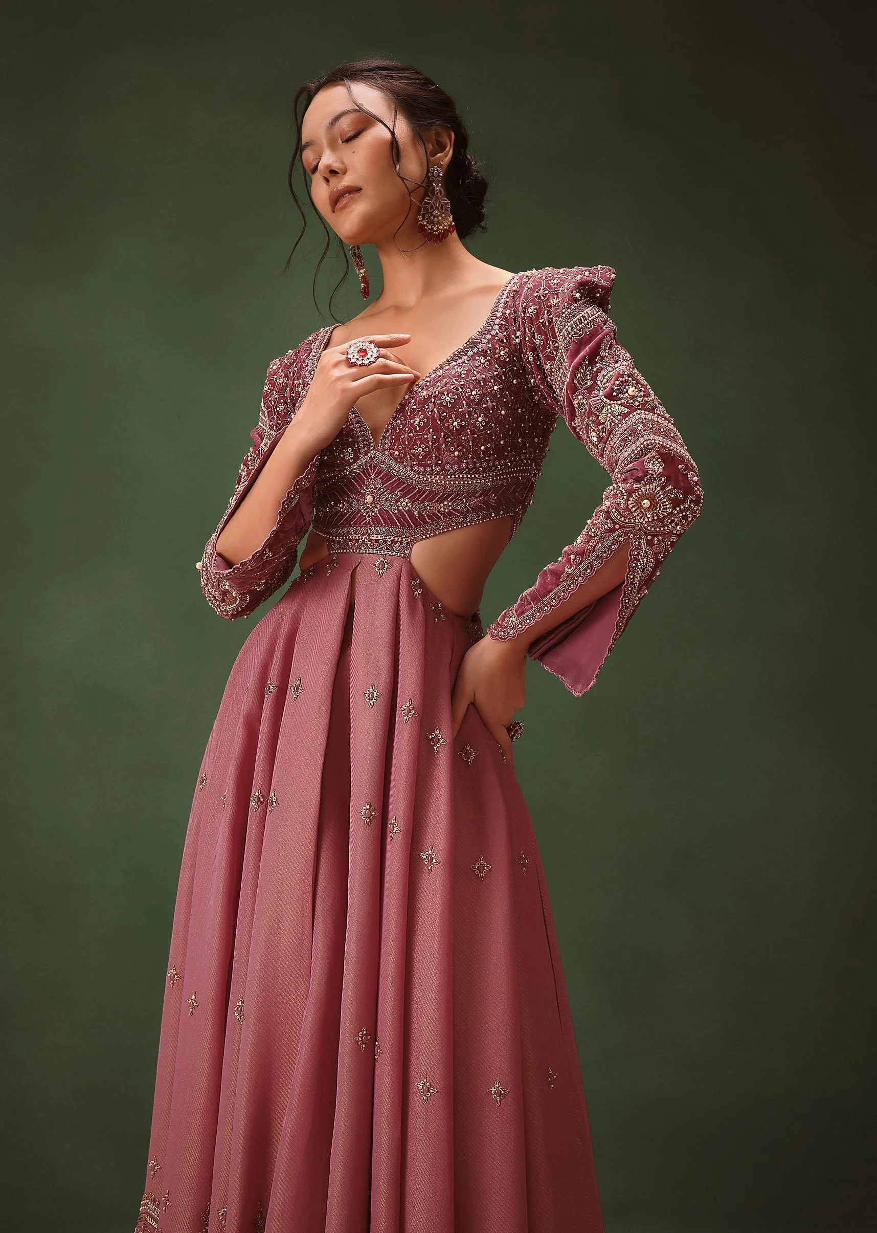 Mauve Embroidered Anarkali Suit With Flared Palazzo Pant - Image 5