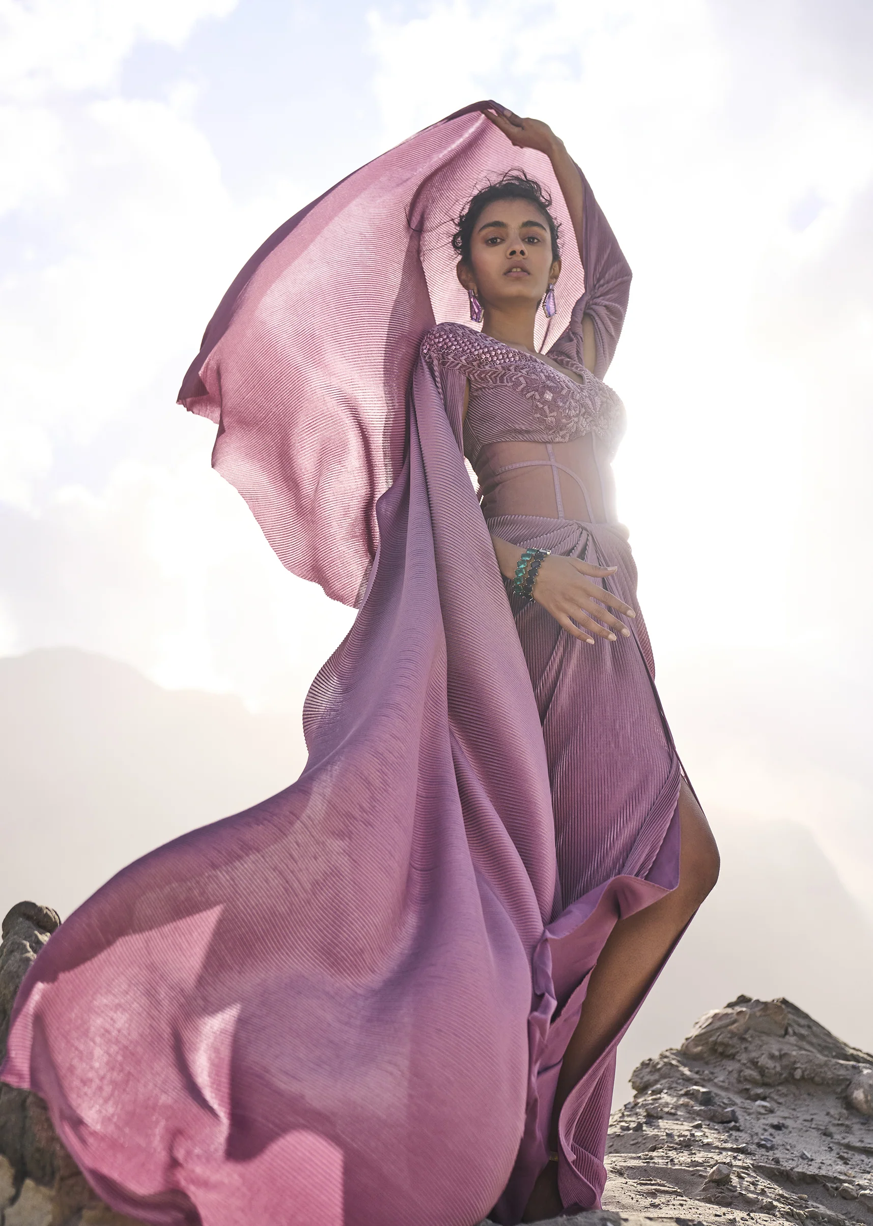 Mauve Embroidered Pre Pleated Drape Gown With Trail On Shoulder - Image 3