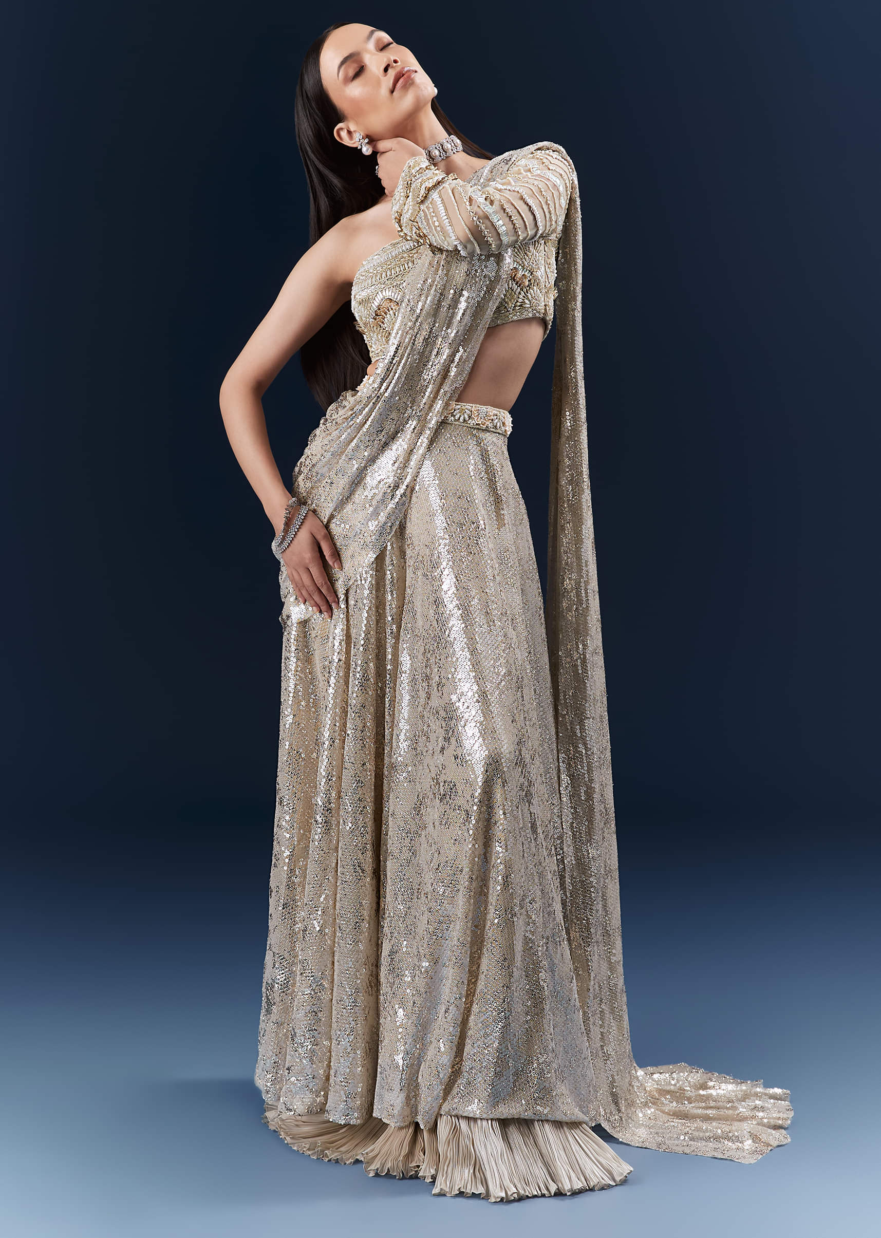 Mauve Imported Sequins Crop Top And Palazzo Pants With Attached Dupatta - Image 4
