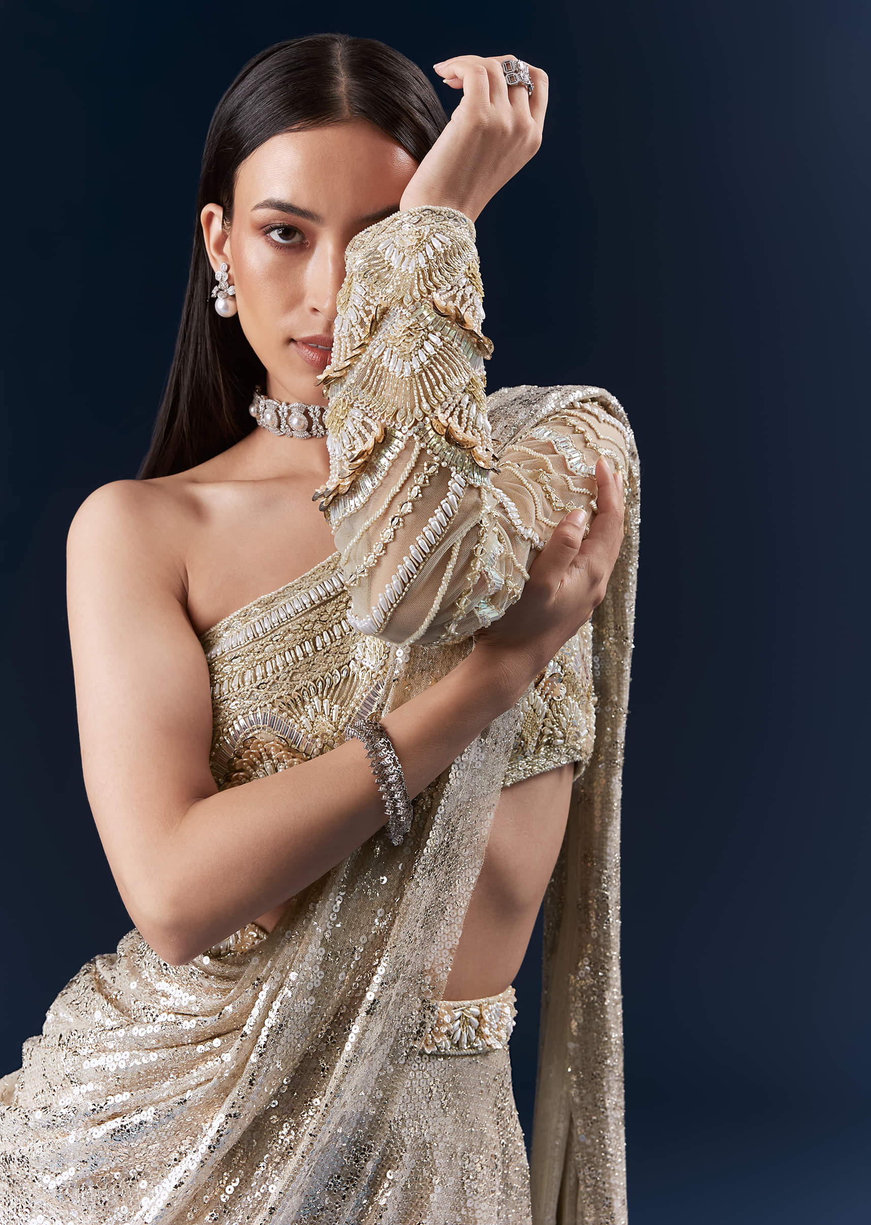 Mauve Imported Sequins Crop Top And Palazzo Pants With Attached Dupatta - Image 5