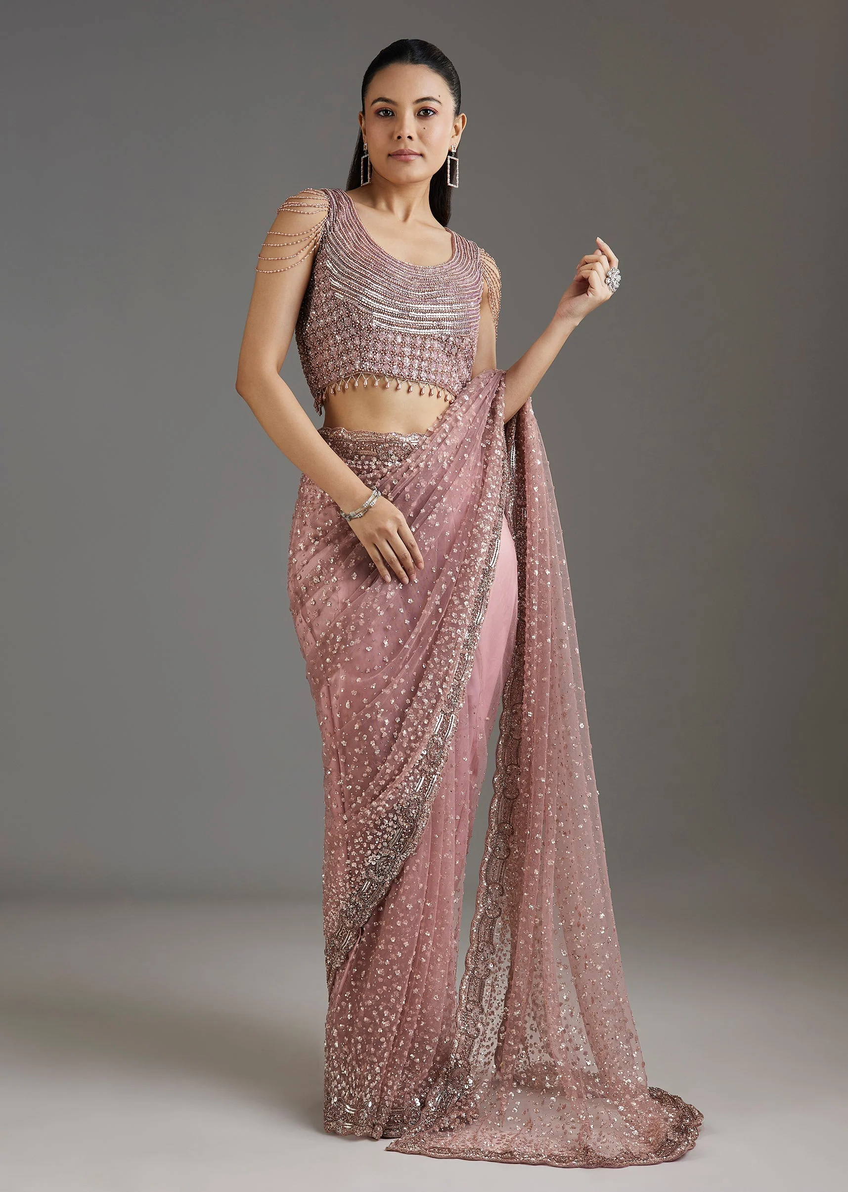 Mauve Net Embellished Saree With Sequins Blouse