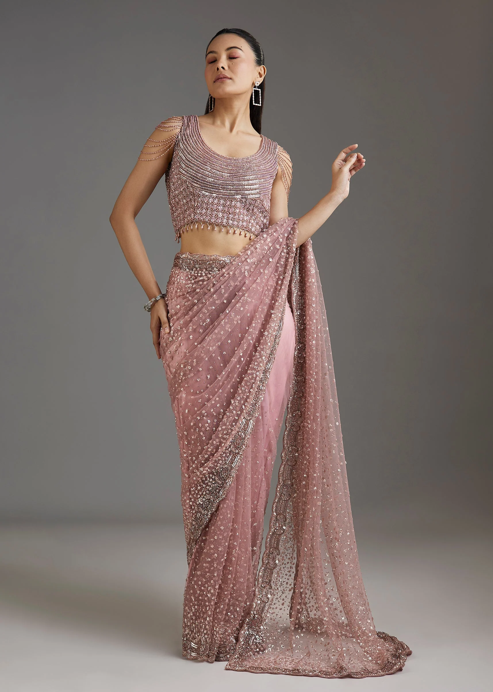 Mauve Net Embellished Saree With Sequins Blouse - Image 3