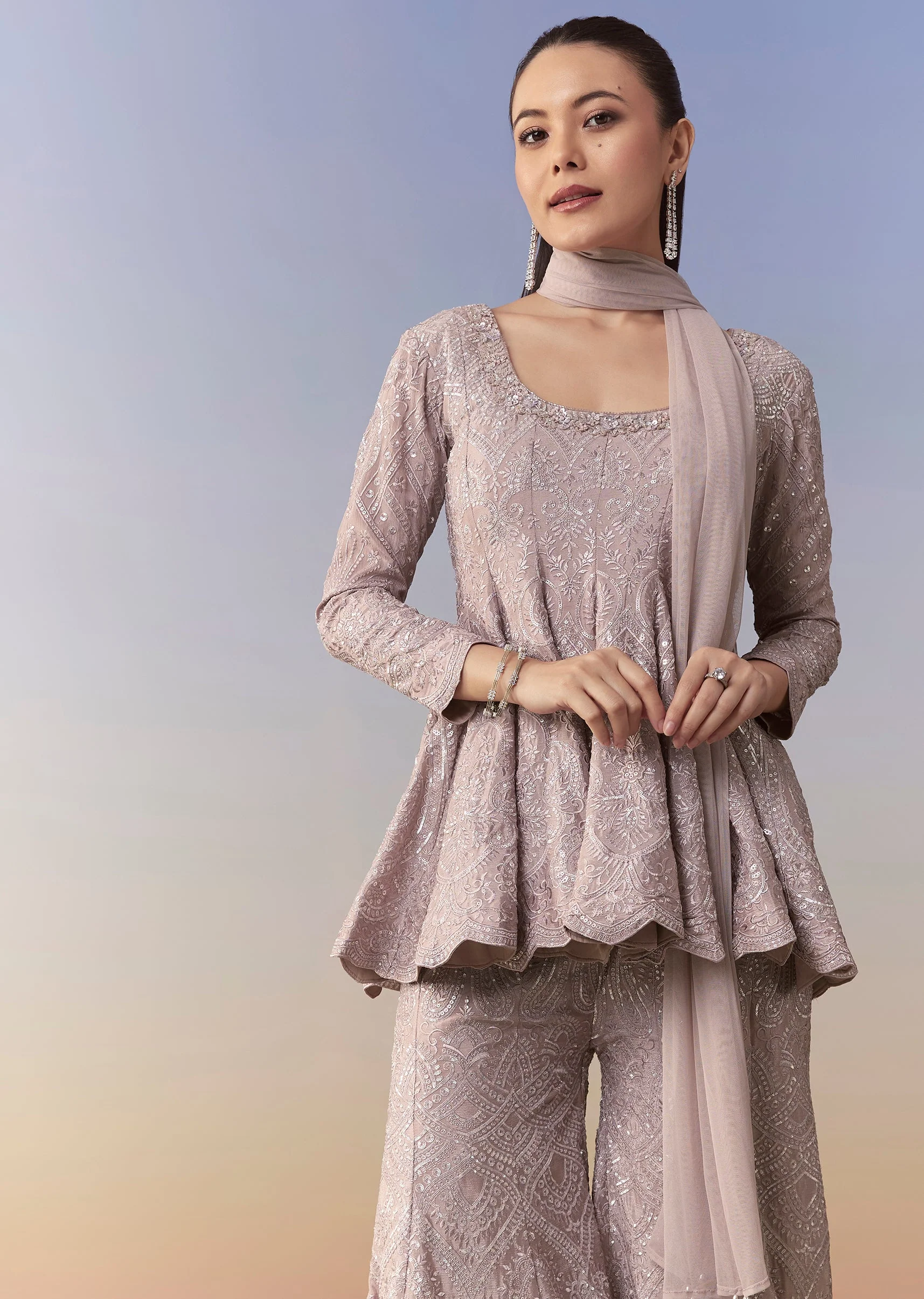 Mauve Peplum Kurta Palazzo Set - Image 4