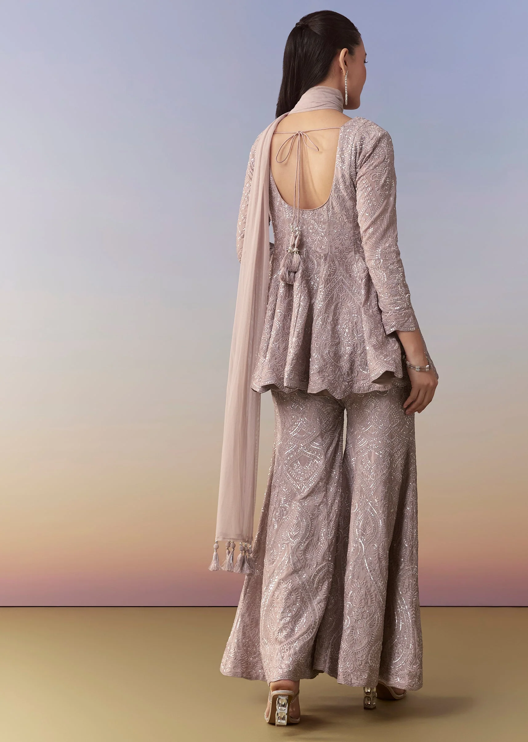 Mauve Peplum Kurta Palazzo Set - Image 5