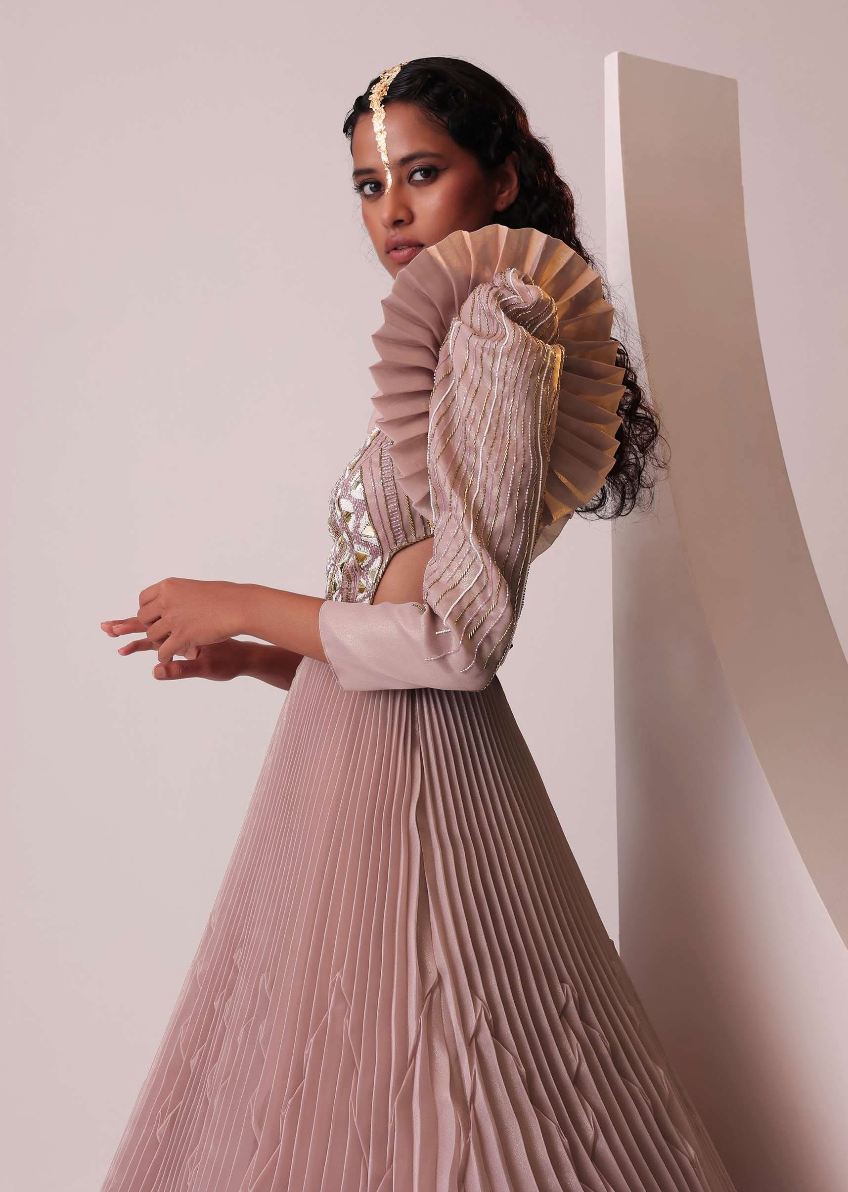 Mauve Pink Tiered Embroidered Gown In Organza With Frill Shoulder-Tops - Image 6