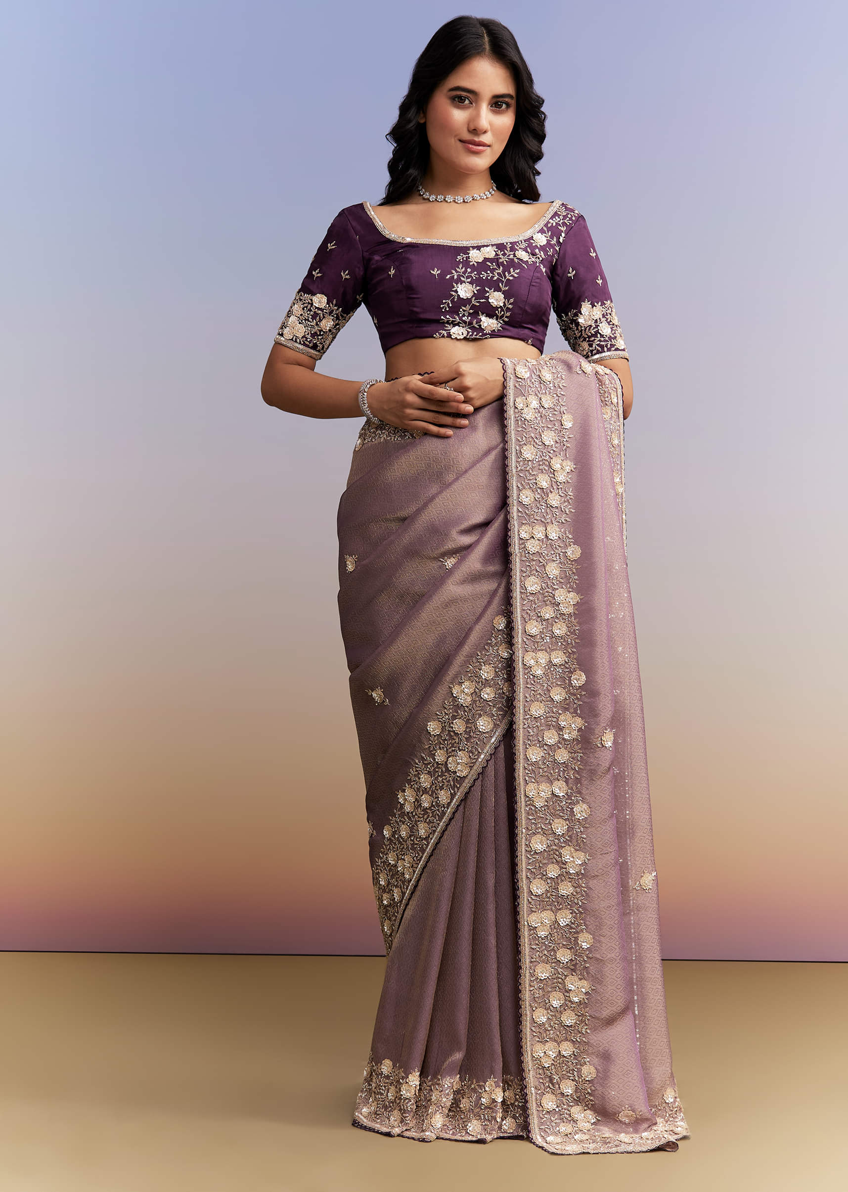 Mauve Purple Jacquard Tissue Saree With Heavy Hand Embroidery - Image 3