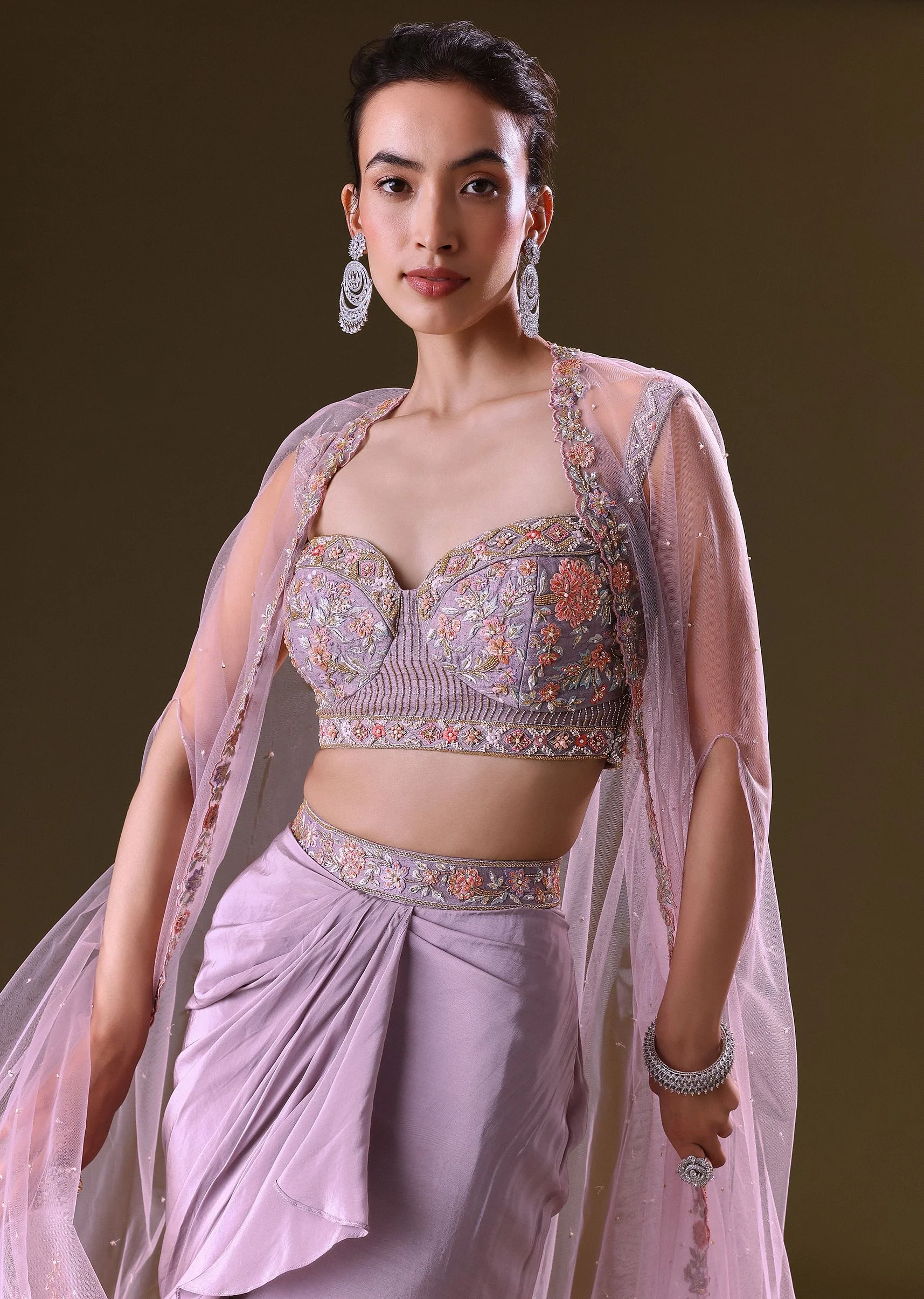 Mauve Ruffled Drape Skirt With Embroidered Blouse And Net Cape - Image 2