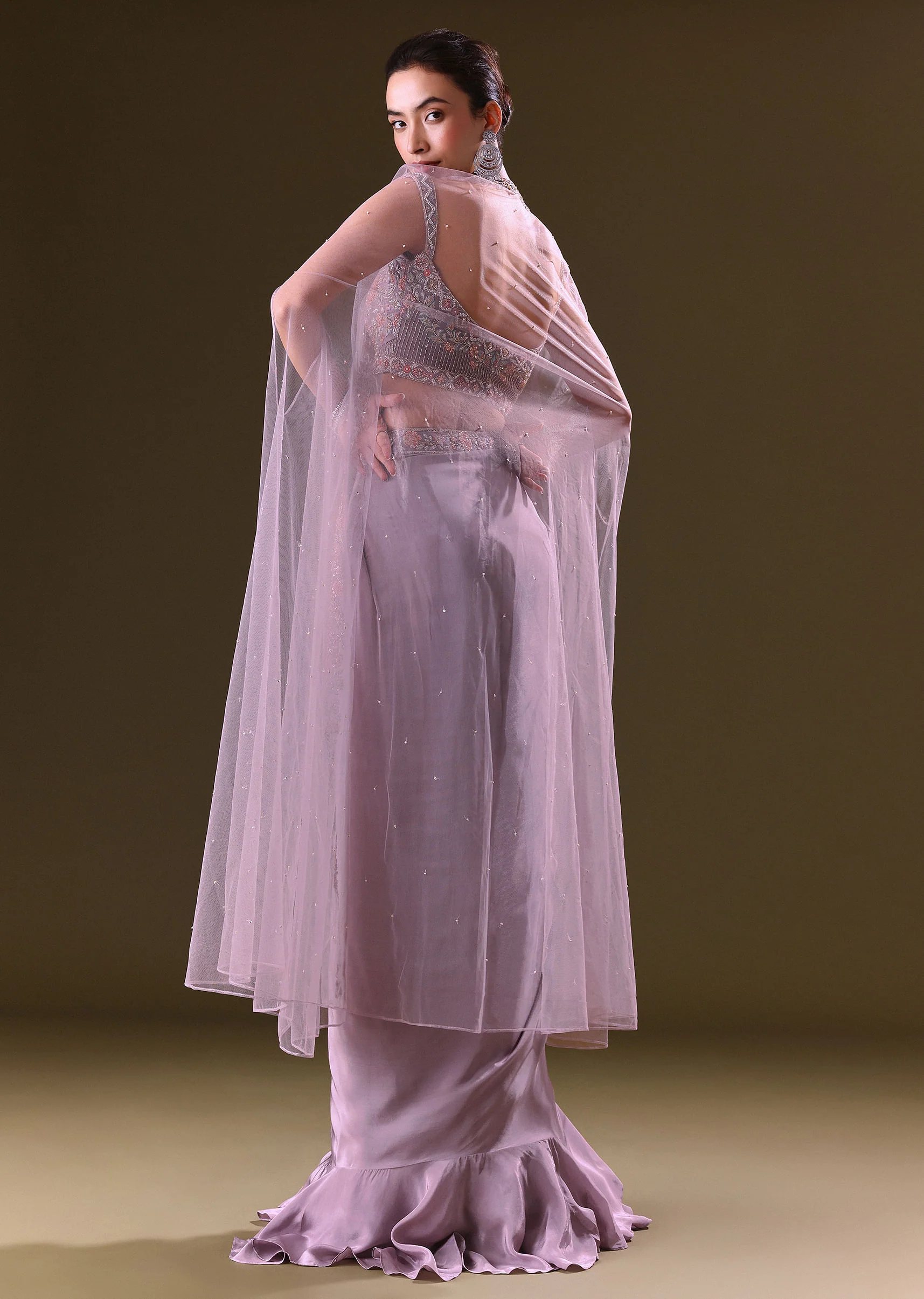 Mauve Ruffled Drape Skirt With Embroidered Blouse And Net Cape - Image 5