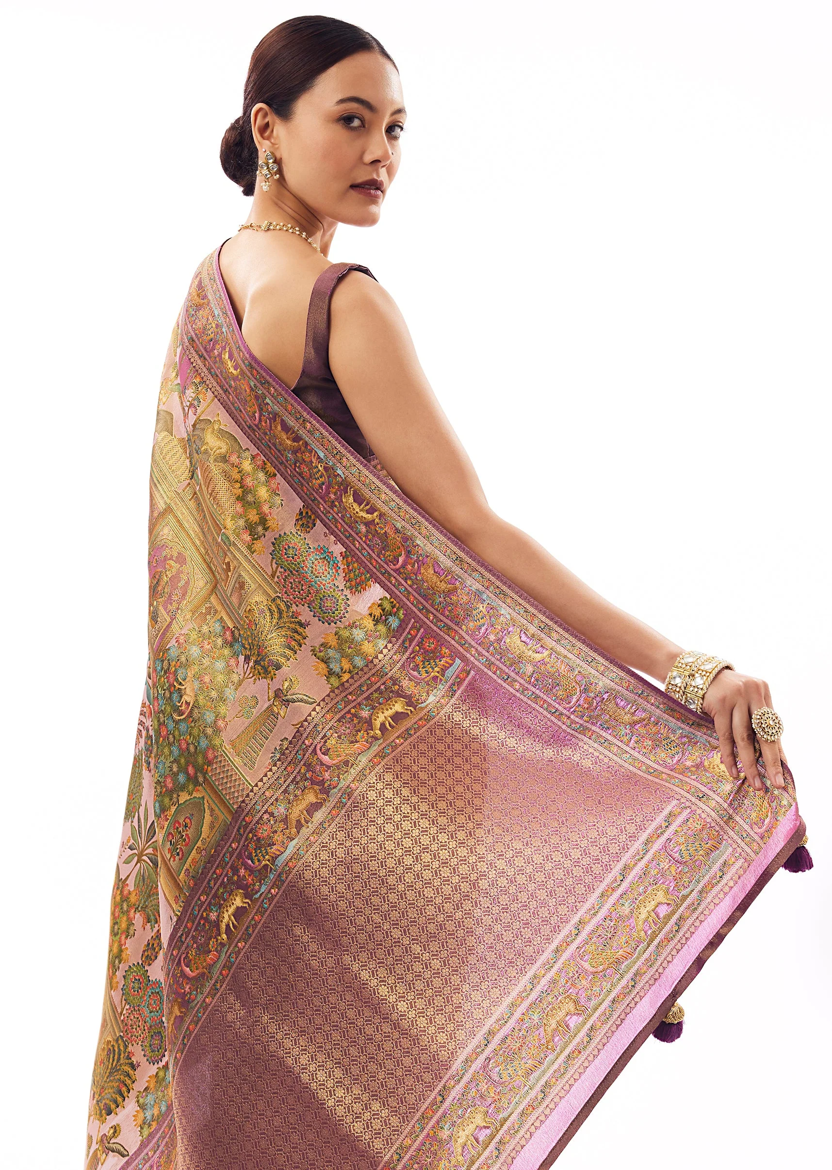 Mauve Satin Silk Printed Saree - Image 6