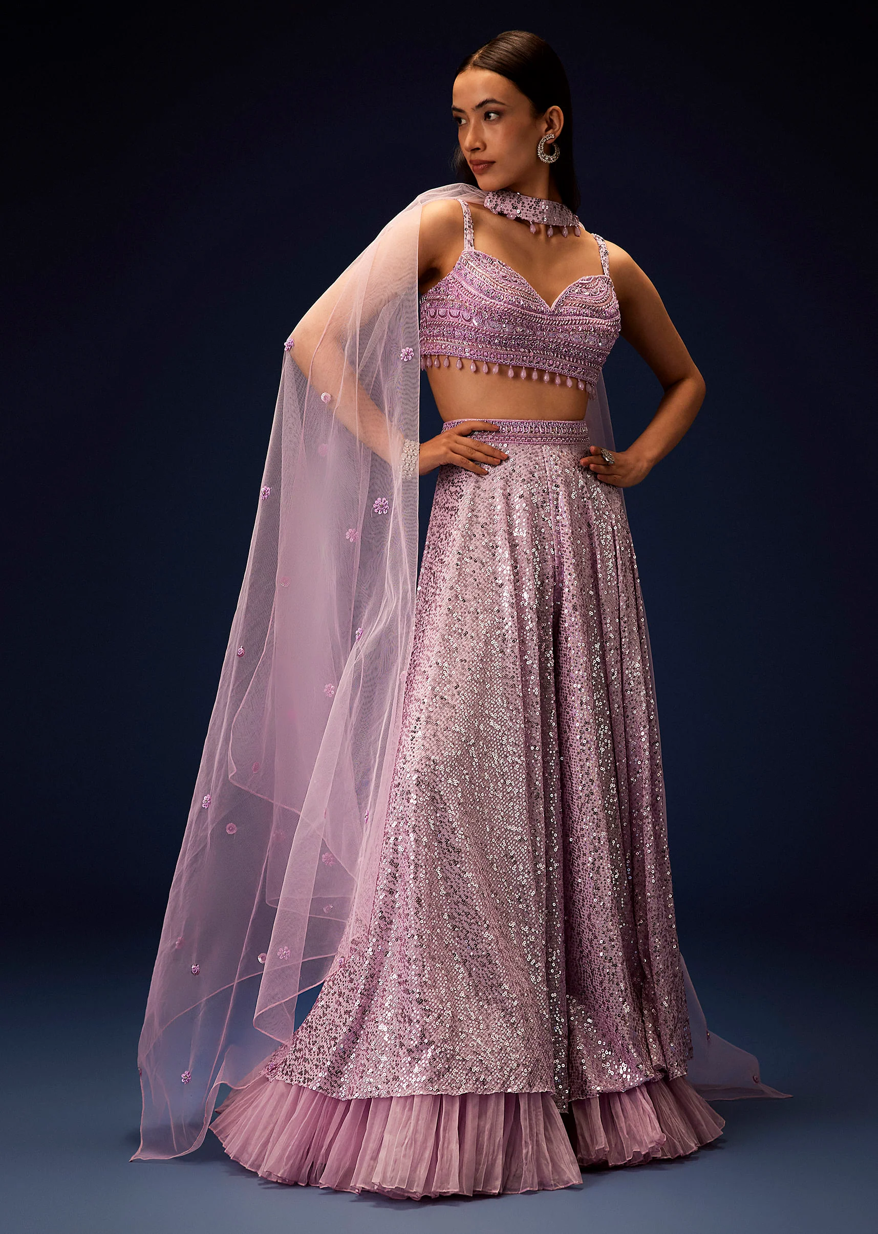 Mauve Sequence Double Layer Skirt Dupatta Set With Hand Embroidered Blouse - Image 3