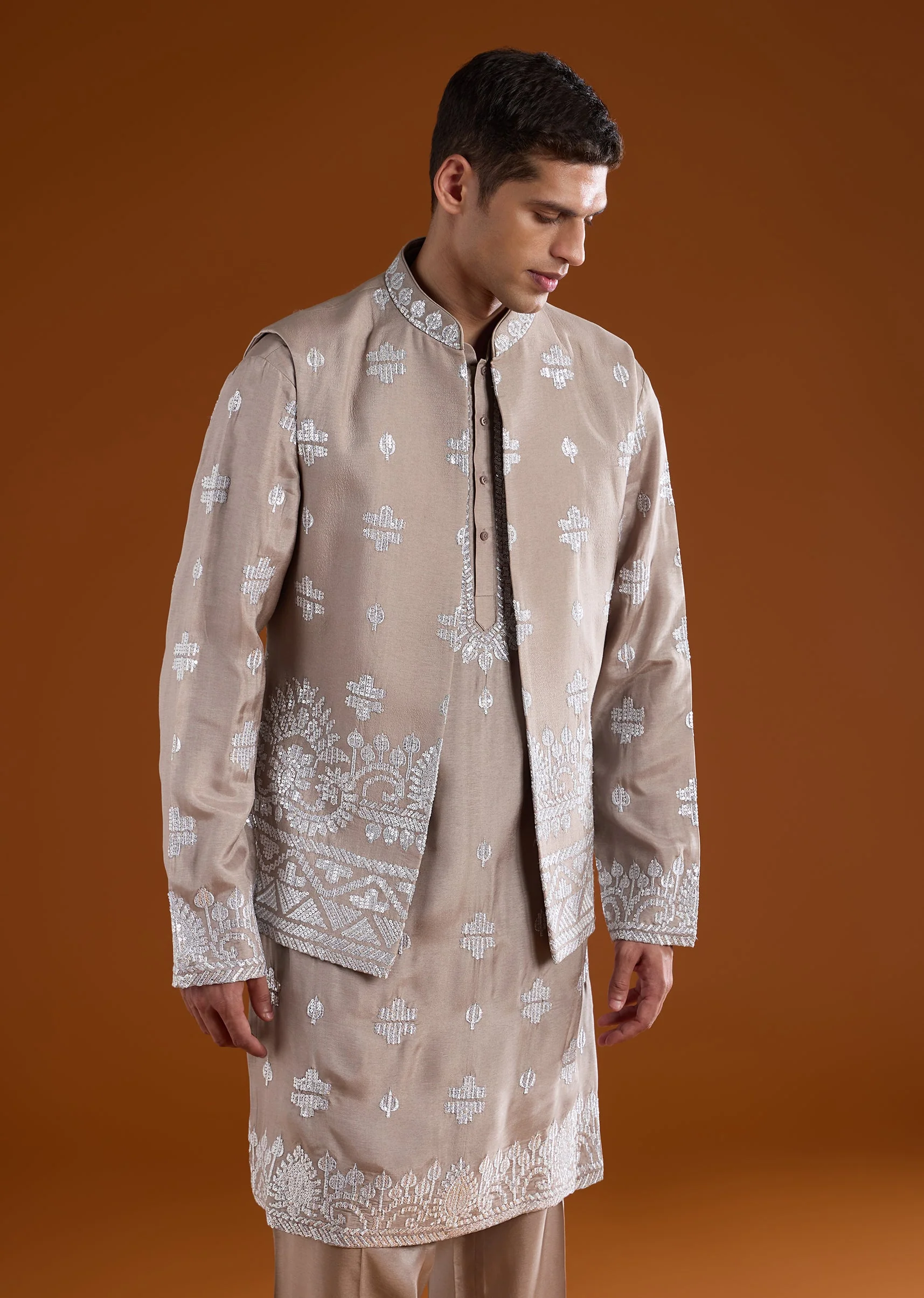 Mauve Silk Embroidered Kurta Jacket Set - Image 4
