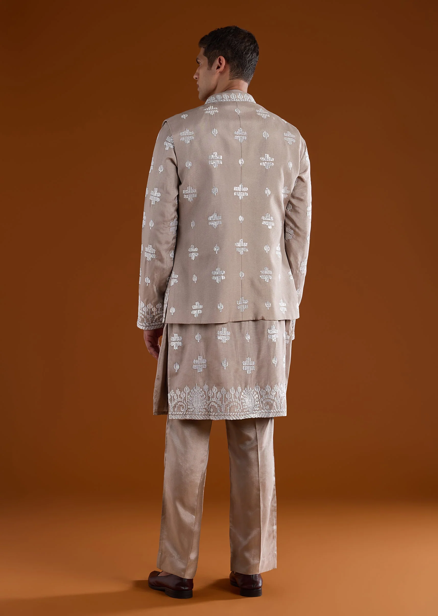 Mauve Silk Embroidered Kurta Jacket Set - Image 5