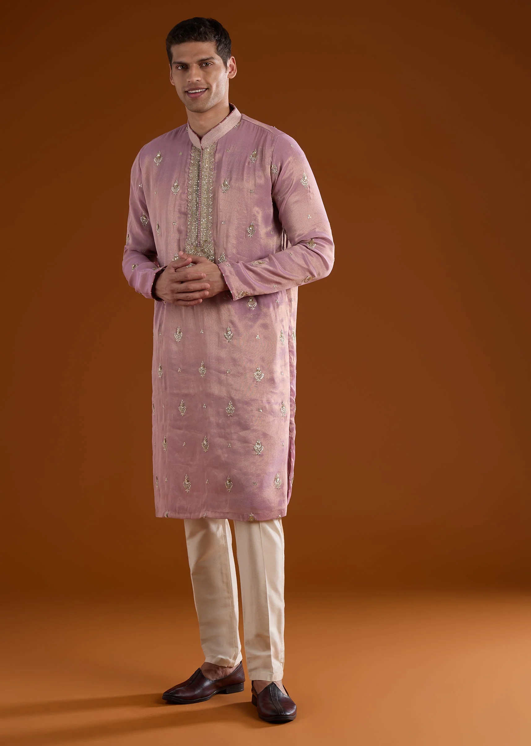 Mauve Silk Mens Kurta Set With Thread Sequins And Zardosi Work