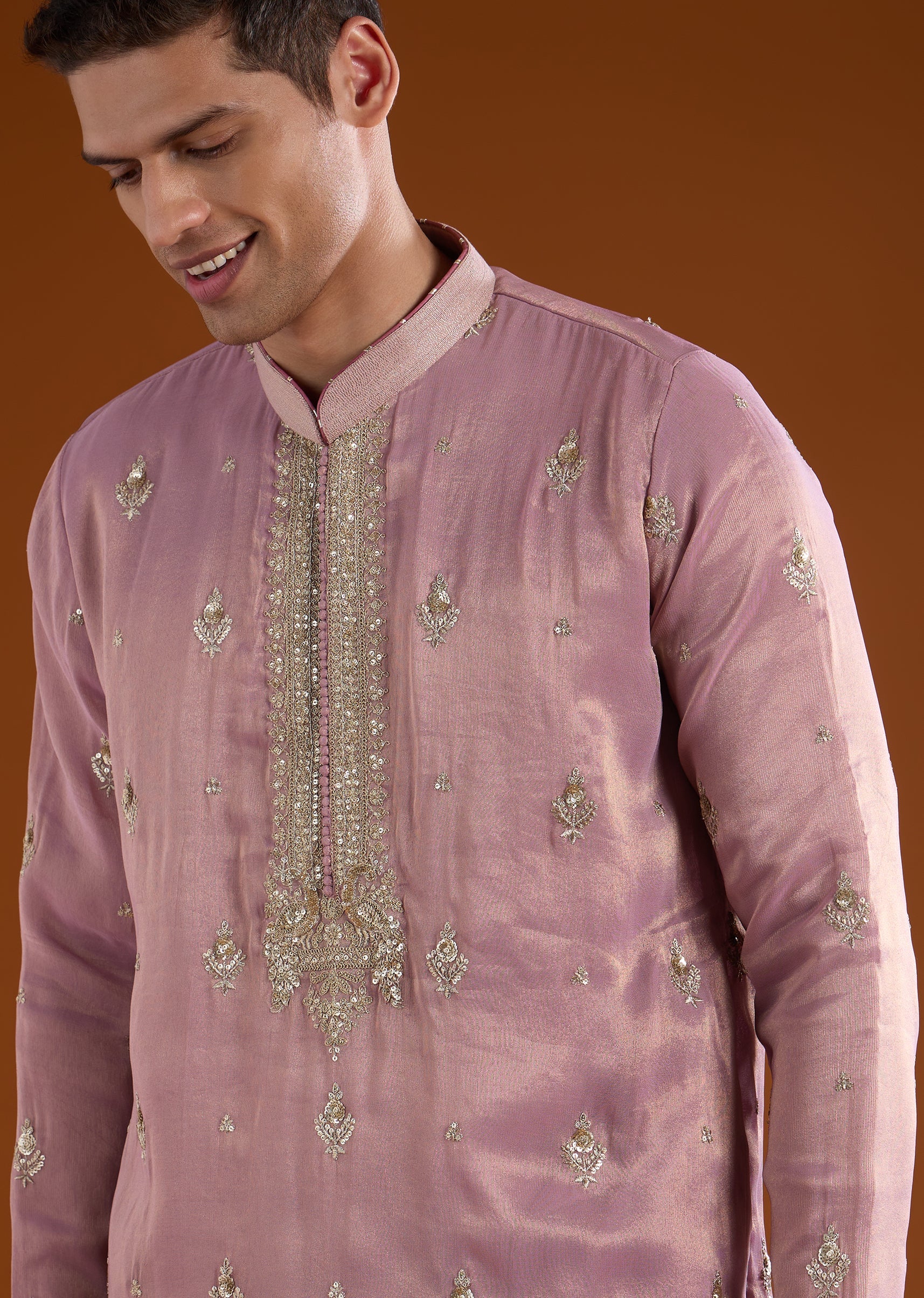 Mauve Silk Mens Kurta Set With Thread Sequins And Zardosi Work - Image 2