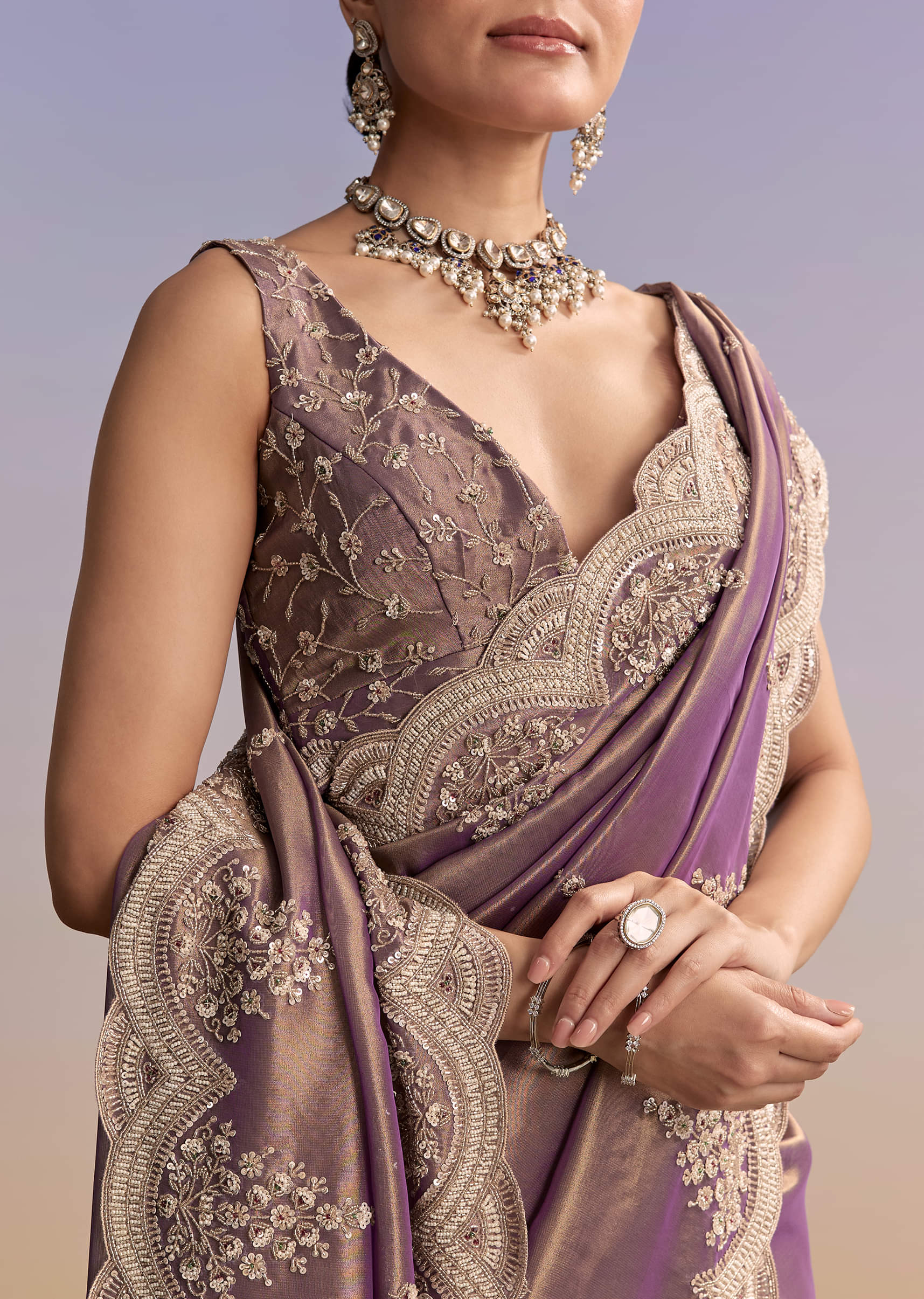 Mauve Tissue Embroidered Saree With Sequin And Stone Work - Image 2