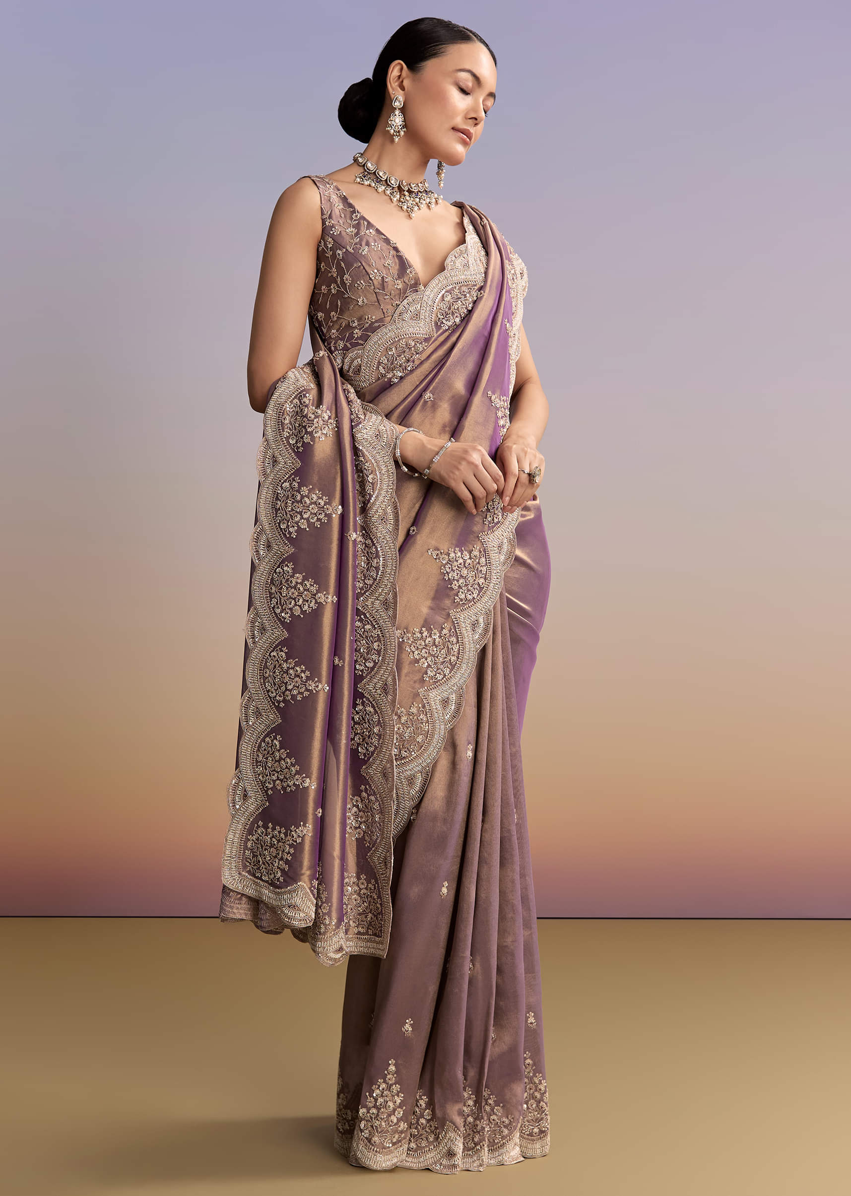 Mauve Tissue Embroidered Saree With Sequin And Stone Work - Image 3